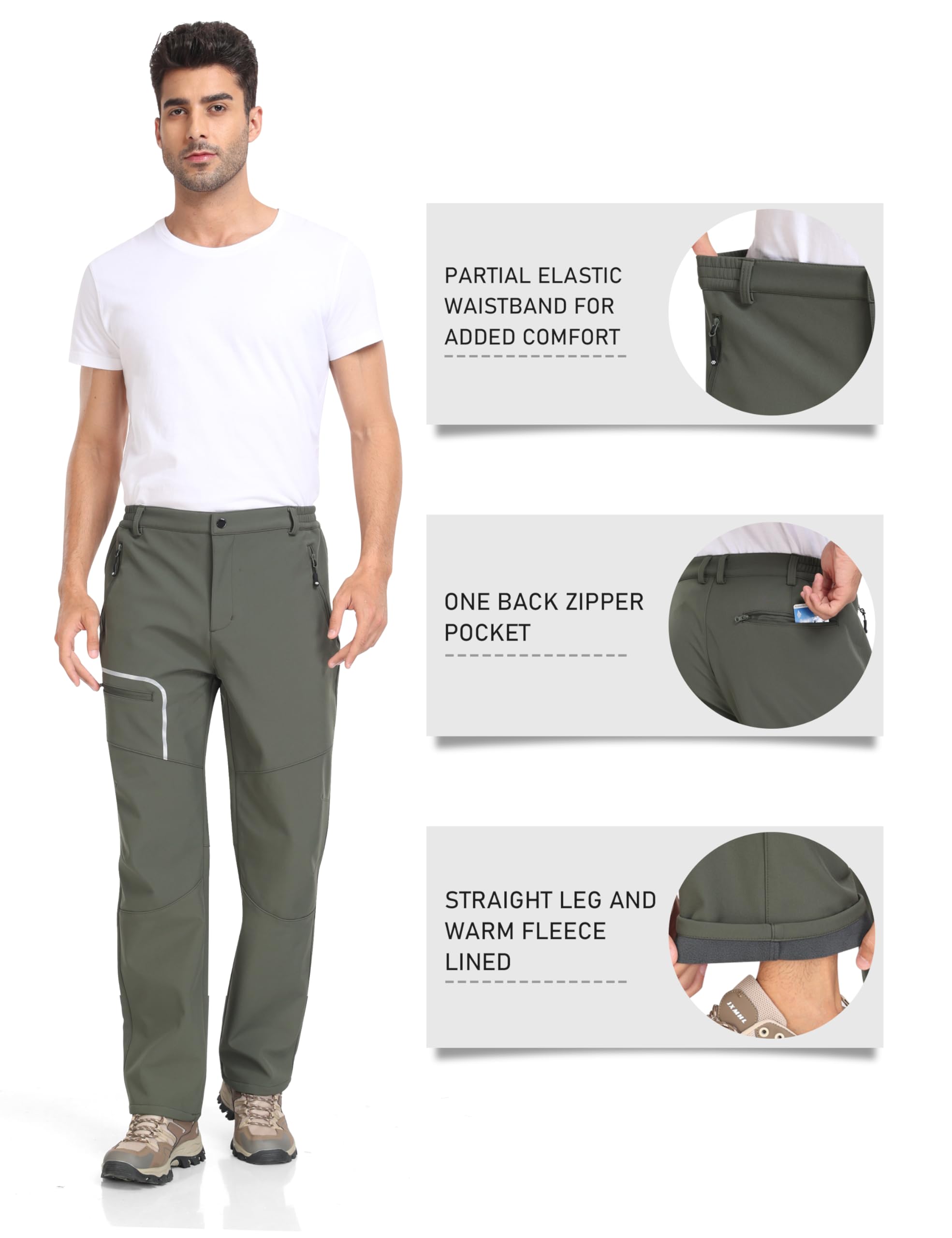 MoFiz Pantalon Randonnée Homme Softshell Chaud Pantalon de Ski Chasse Doublé Polaire Imperméable Hiver Pantalon de Travail avec Poches Zippées