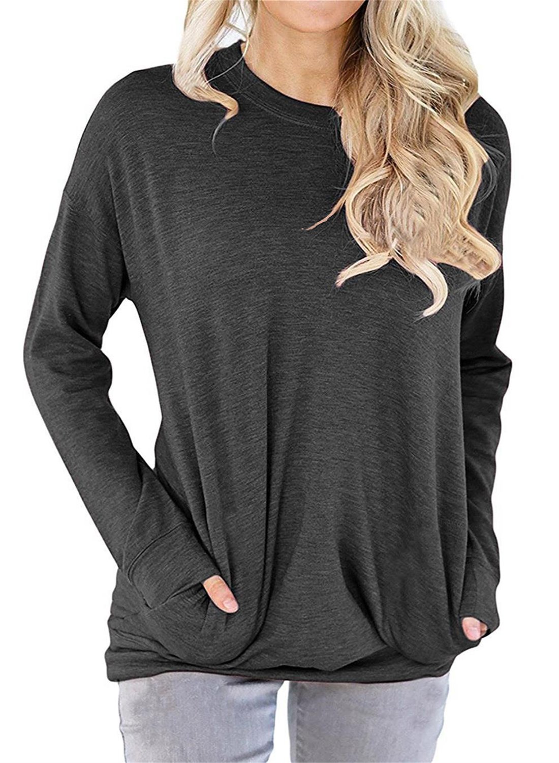 Womens Crewneck Long Sleeve Sweatshirts Casual Pullover Tops Loose Shirt with Pockets