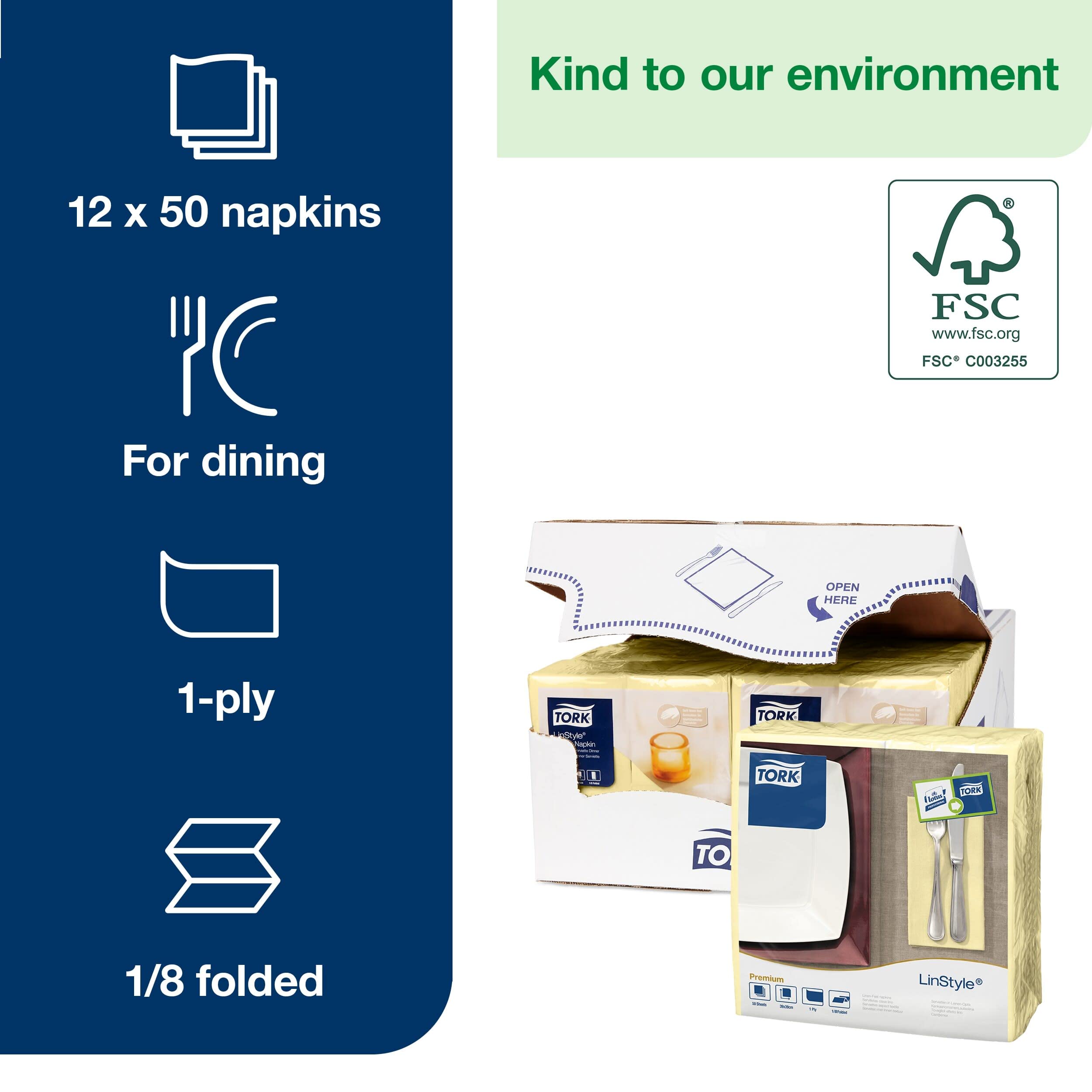 Tork 478147 Linstyle Servilleta para cena/Servilleta Airlaid con plegado americano 1/8 / 1 capa/color champagne / 12 paquetes x 50 unidades (600 servilletas)/ 40 cm x 39 cm/Premium