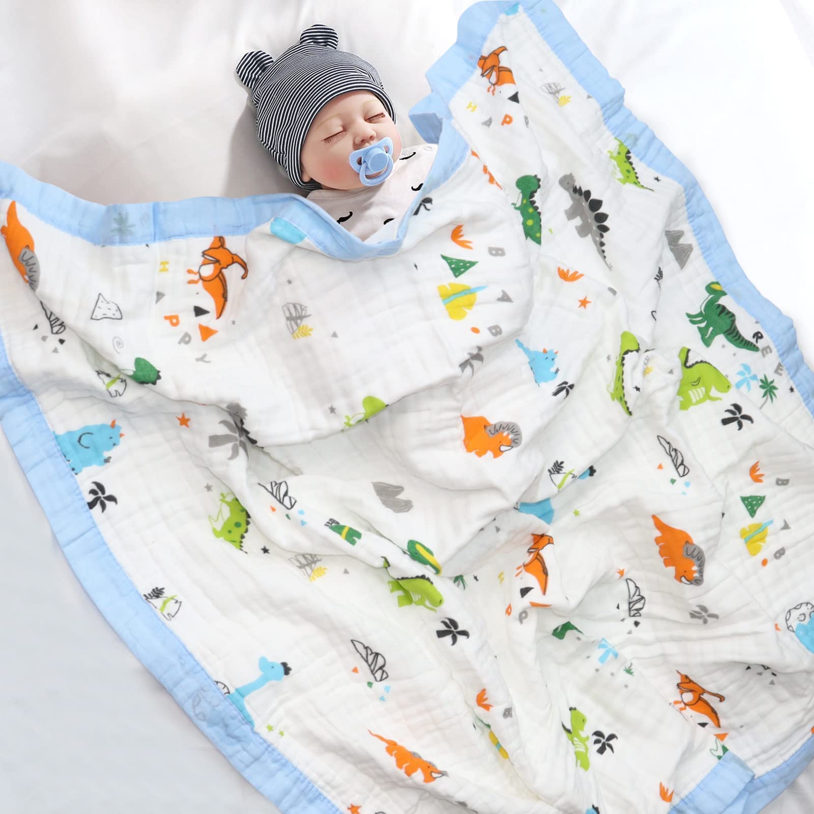 Coperta Mussola Neonato 110x110 Cm - Cotone 6 Strati, Design Dinosauro Blu, Unisex - Foto 2