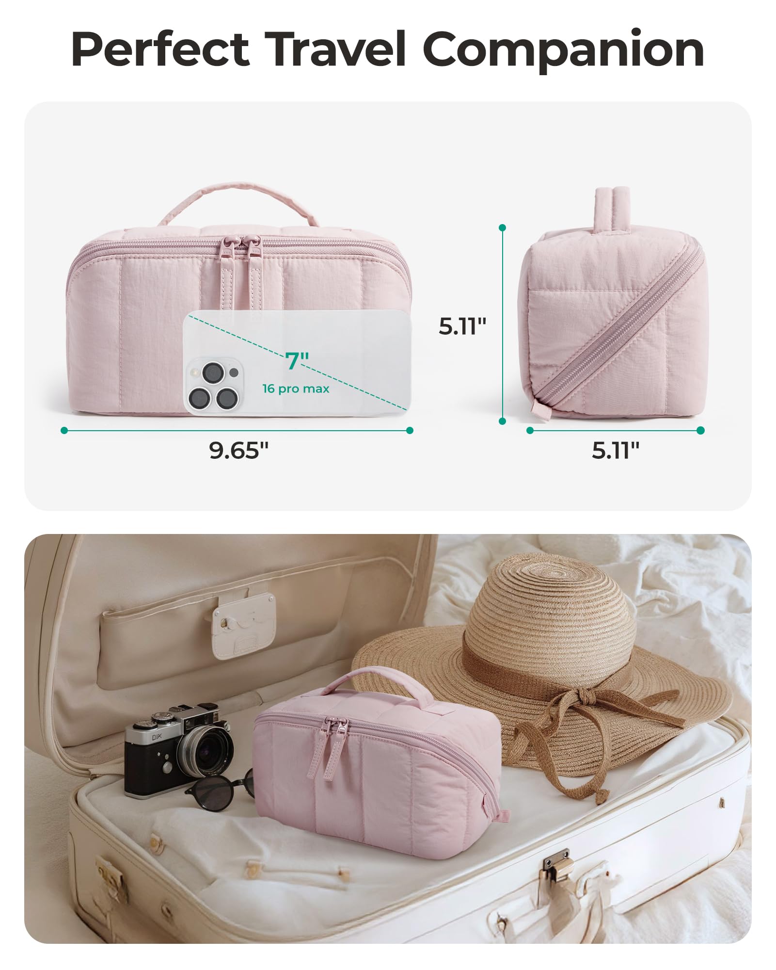 BAGSMART Travel Makeup Bag for Women, Portable Water-resistant Cosmetic Case, Puffy Padded Make Up Organizer Pouch, Open Flat Toiletry Bag for Toiletries, Brushes, Black