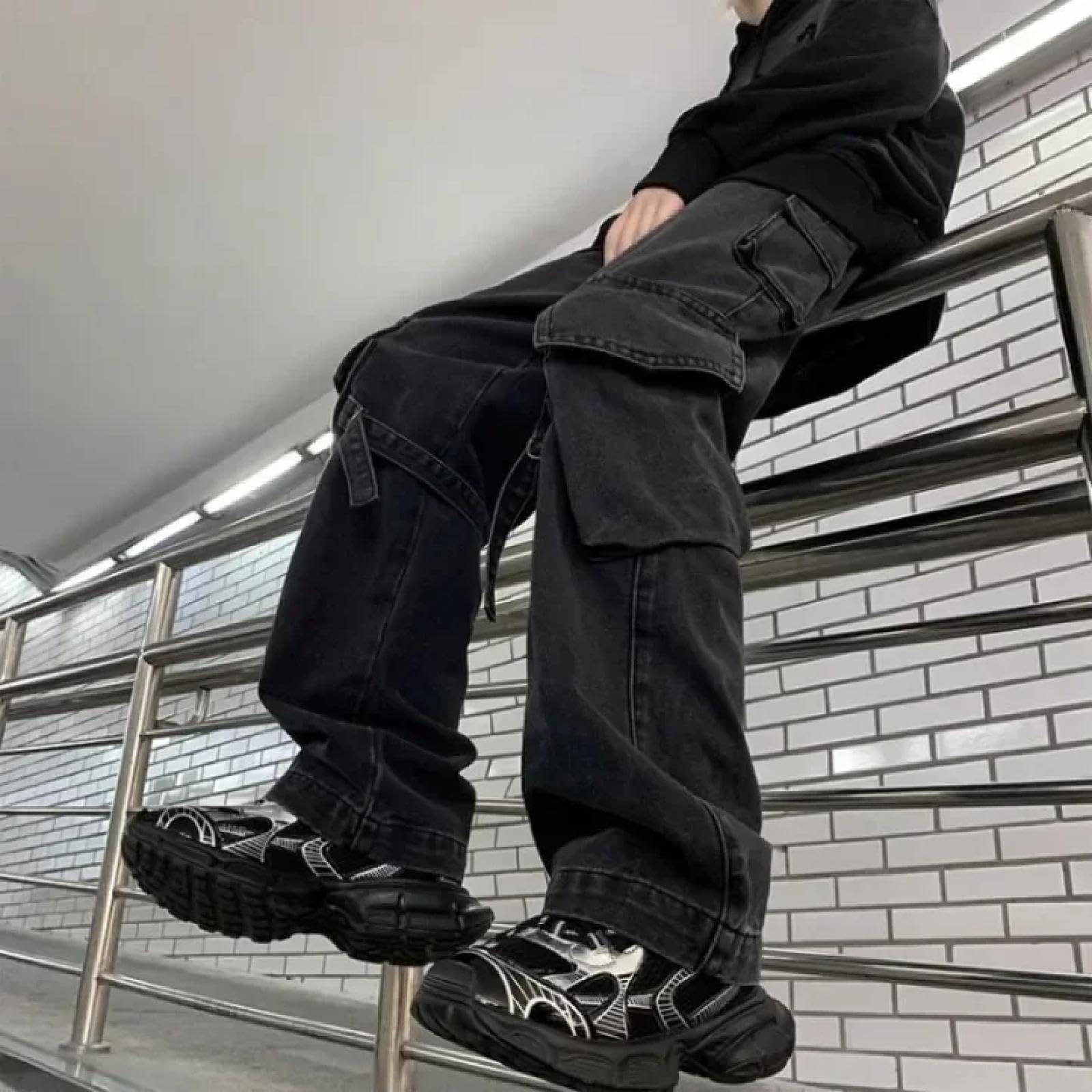 Jeans Pantalon Herren-Jeans Mit Mehreren Taschen Locker Gerade Weit Beine Lange Hosen Mit Weiten Belägen
