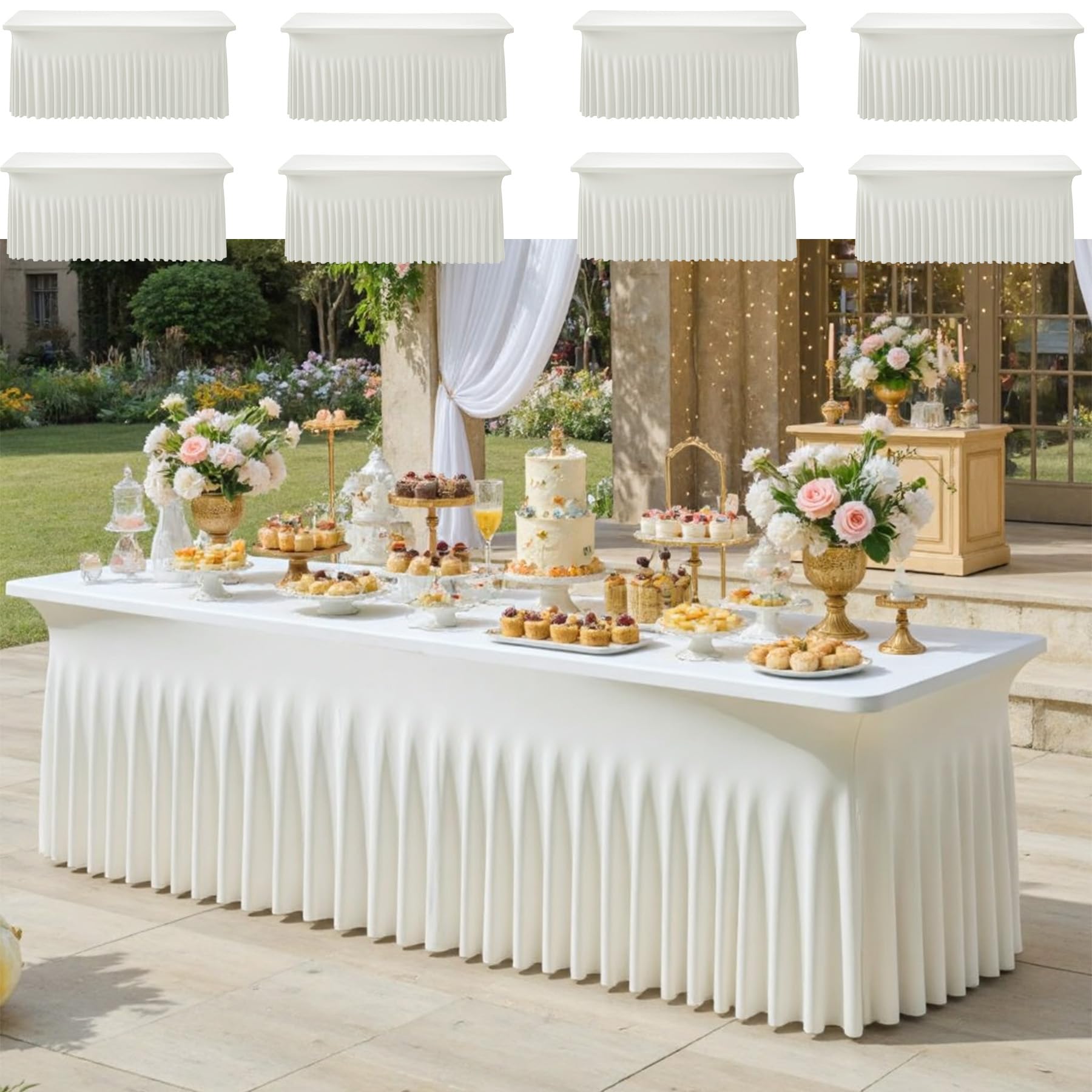 Photo 1 of 8pack Ivory Spandex Tablecloths 6ft for Rectangle Tables, Wrinkle Free Classy Table Skirt Stretchy 6 Foot Fitted Table Cloths Covers for Weddings Birthday Party Events Banquette Baby Shower