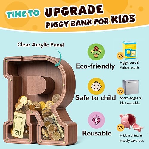 Miniatura 426 de SummiDate Alcancía de madera con nombre, niños y niñas, tamaño grande, letras alfabeto A-Z, monedas y billetes, inicial en cubierta transparente