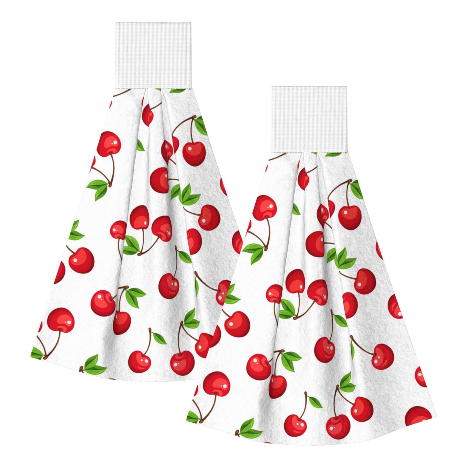 DOPKLNA Red Cherry Berries, 2 Pcs Hanging Coral Fiber Hand Towels for Bathroom, Absorbent Kitchen Towels