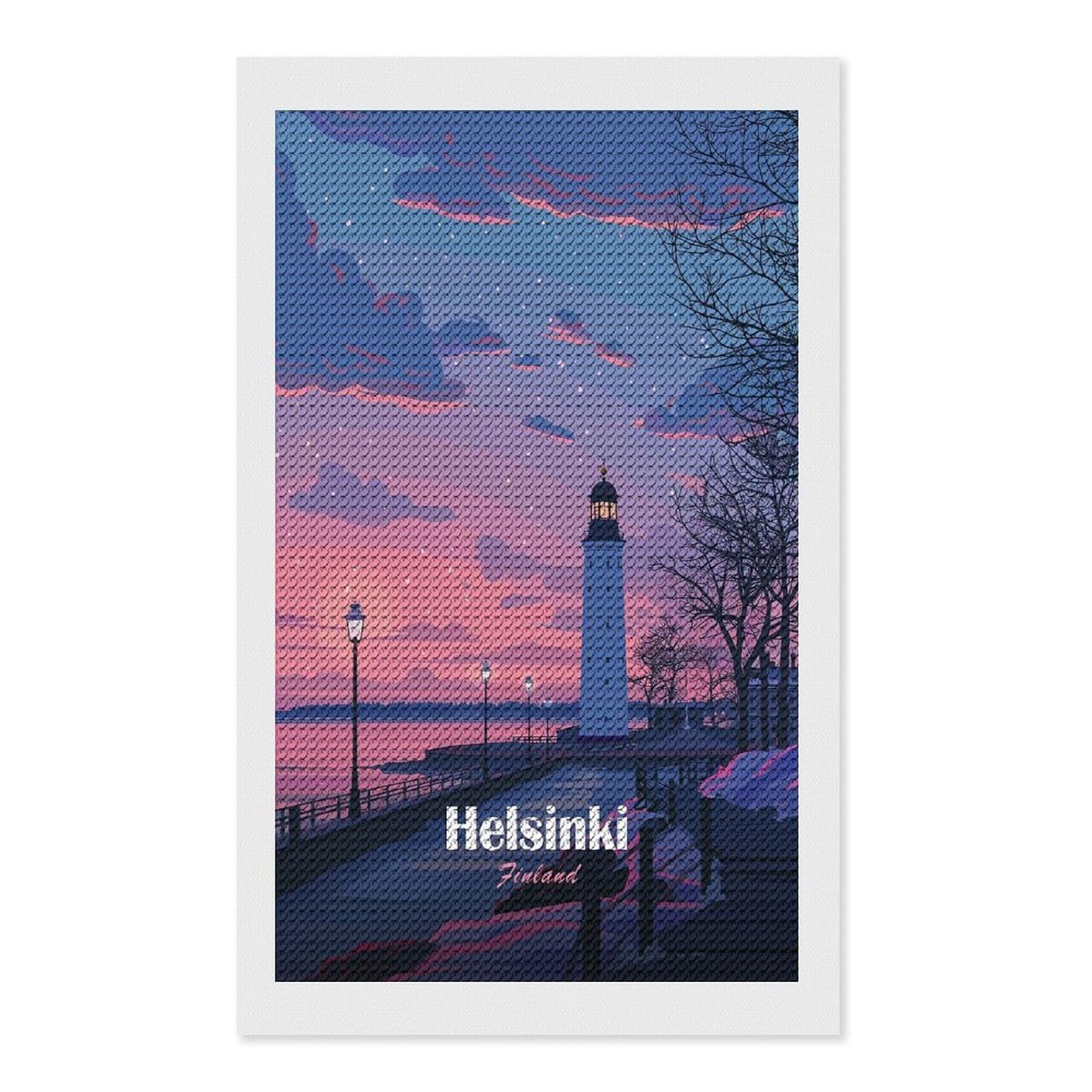 Junmoney Helsinki Lighthouse at Sunset Diamond Art Kit 12"x20", Vintage Style Decor, Stress Relief Craft, Decor Project, Relaxing DIY, Creative Hobby