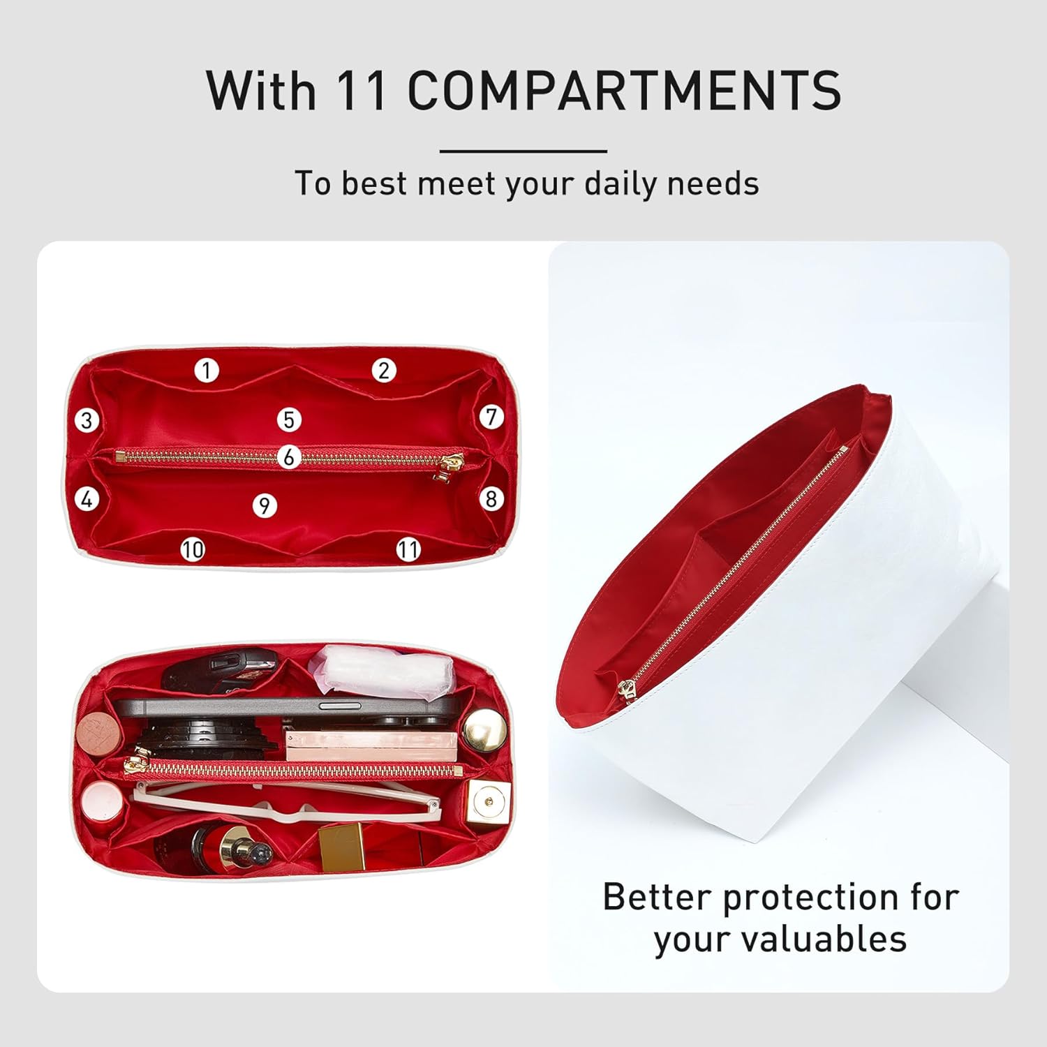 Purse Organizer Insert Compatible with lv Speedy 25/Monogram Bags and More, Light Waterproof DupontPaper Bag Insert Shaper Protector for Women Tote Handbags, 11 Pockets with Zip(White&Red, M) - Image 3