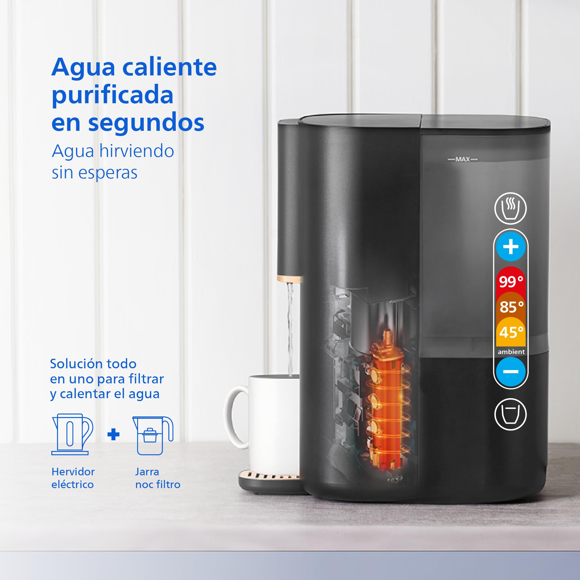 Philips Water 6100 Dispensador pór Osmosis Inversa: agua caliente al instante, filtración RO 5 en 1 reduce >110 contaminantes, relación 3:1 agua pura/rechazo, protección UV-C, sin instalación, 2000L