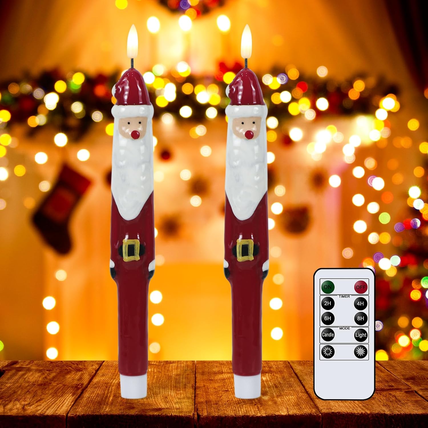 Wondise Christmas Flameless Candles with Remote and Timer, Santa Battery Operated Real Wax 3D Wick Flameless Flickering Taper Candles for Christmas Holiday Decor (2pcs 0.79" x 11.4")