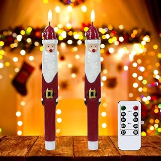 Wondise Christmas Flameless Candles with Remote and Timer, Santa Battery Operated Real Wax 3D Wick Flameless Flickering Taper Candles for Christmas Holiday Decor (2pcs 0.79" x 11.4")