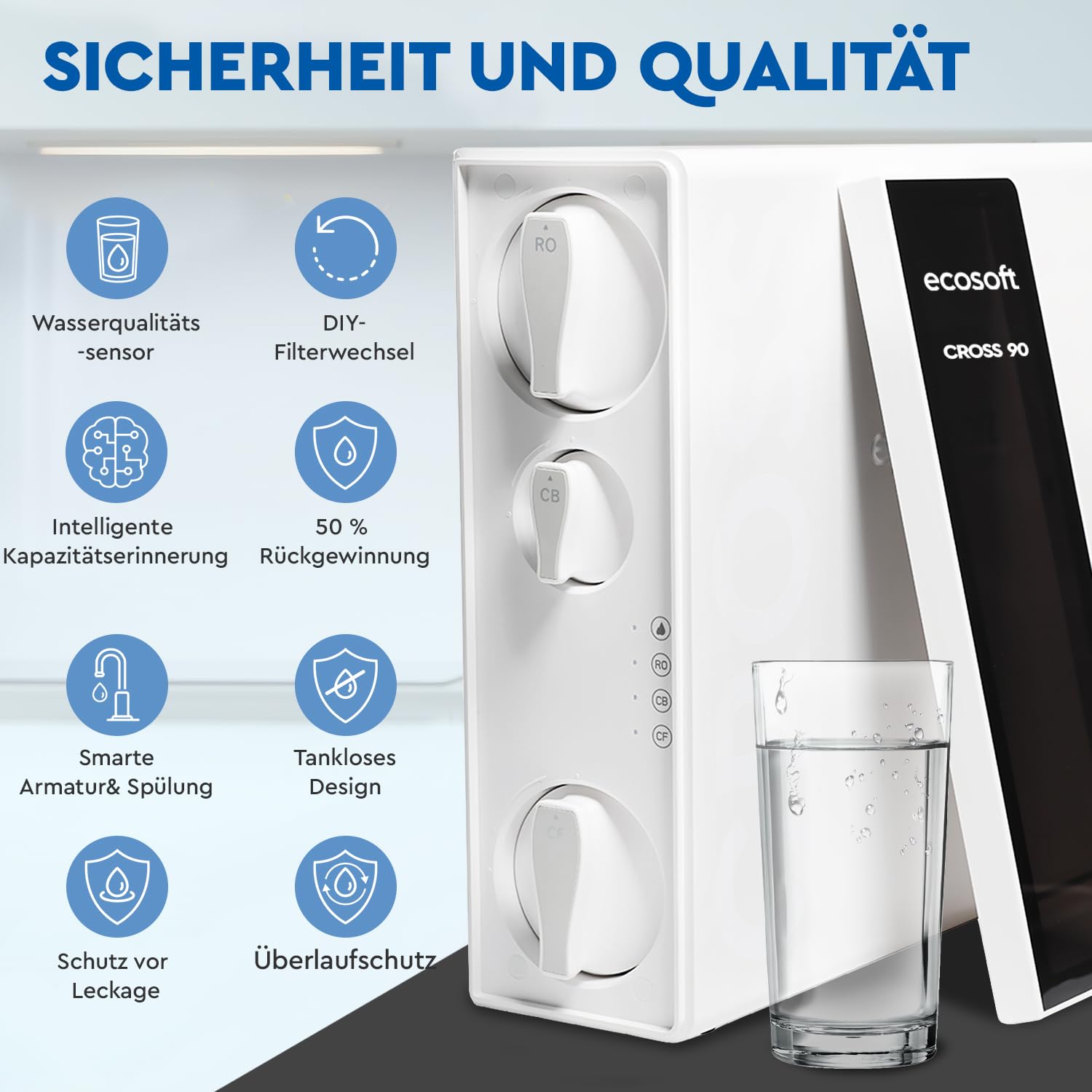 Ecosoft CROSS90 Osmoseanlage Direct Flow Wasser Filter System | Entfernt 99 % PFAS, Mikroplastik & Schwermetalle, Automatische Spülung