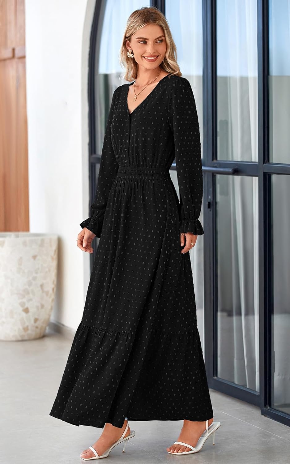 PRETTYGARDEN Women's 2025 Maxi Dress Long Sleeve V Neck Flowy Swiss Dot High Waist Casual A Line Fall Wedding Guest Dresses - Image 7