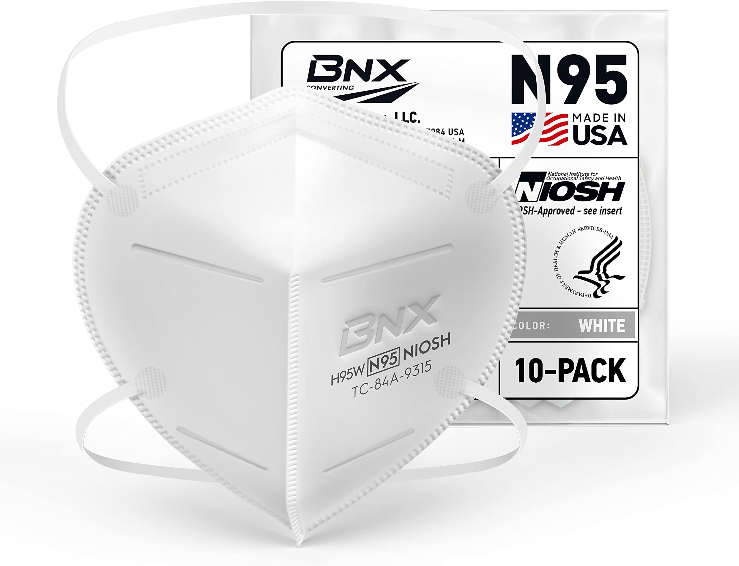BNX N95 Mask NIOSH Certified MADE IN USA Particulate Respirator Protective Face Mask (10-Pack, Approval Number TC-84A-9315 / Model H95W) White