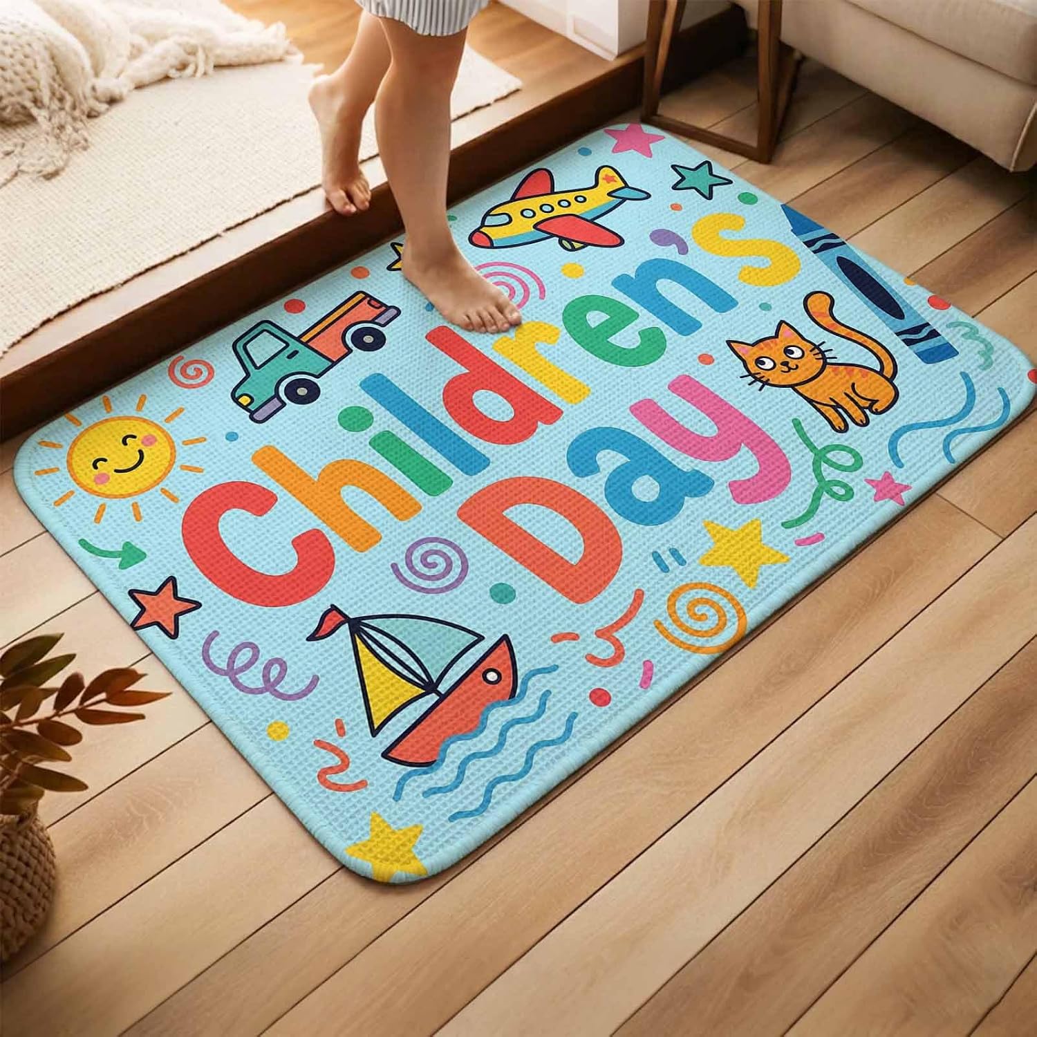 Entryway Rug Indoor, Children's Day Absorbent Non Slip Washable Rug, Cartoon Cute Watercolor Truck Cat Blue Low Profile Front Door Carpet Runner for Front Door, Garage, Patio, 31.5x47 in
