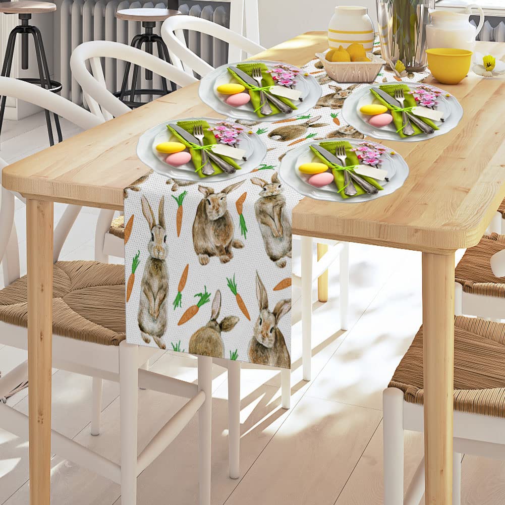 Chemin De Table De Pâques - Motif Lapins Et Fleurs, 33x180cm, Lavable, Lin