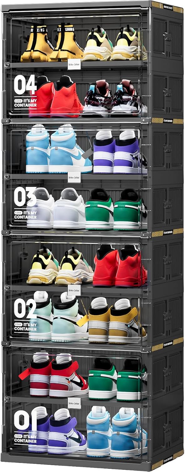 JEKO&JEKO 10-Tier Double-Column Foldable Shoe Storage Cabinet with Magnetic Doors, Large Collapsible Shoe Rack Organizer for Closet & Entryway, Fits Up to 40 Pairs, Black