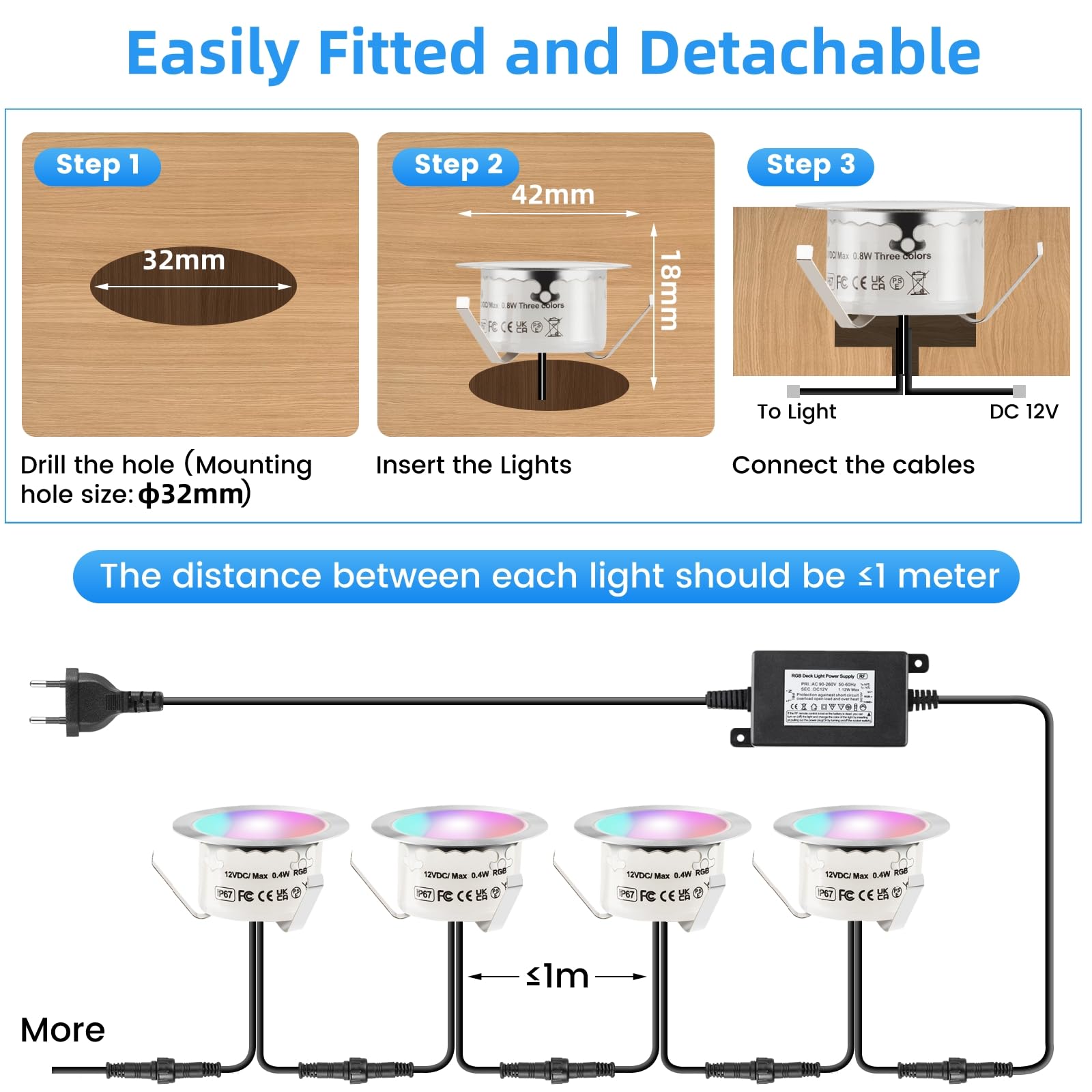 Terrassen Einbaustrahler Aussen, 12V Ø42mm LED Bodeneinbaustrahler mit Timer, IP67 wasserdicht Terrassen Einbaustrahler für Außen-12er Set RGB+warmweiß, Terassenbeleuchtungen Garten Spot