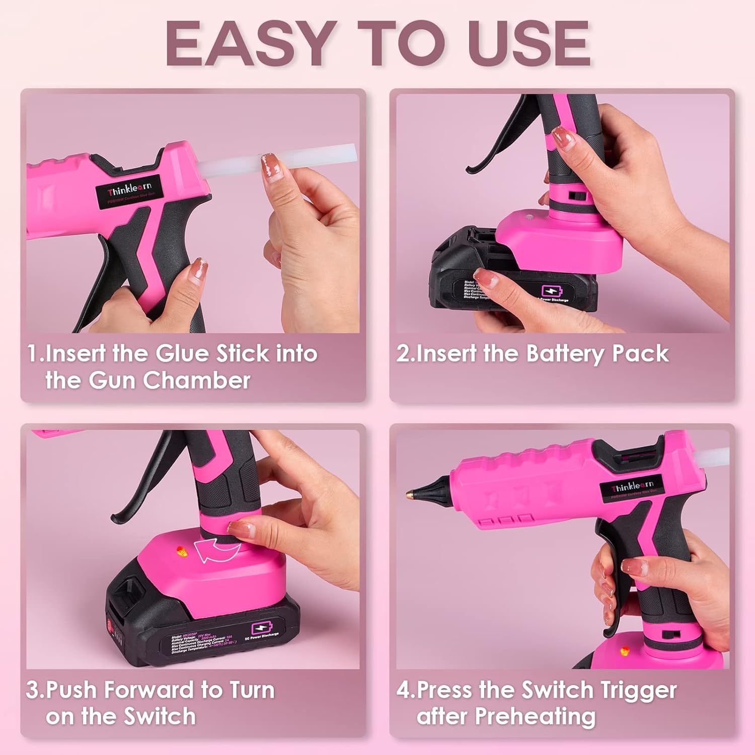 Pistola per colla a caldo, 20 V, rosa, senza fili, con 30 bastoncini di colla a grandezza naturale, batteria ricaricabile da 2 Ah, kit per fai da te, arti e artigianato, decorazioni, regalo per donne