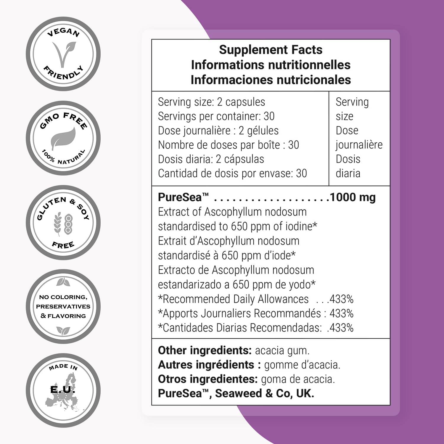 Iode Naturel - Favorise une fonction thyroïdienne normale - Contrôle du Poids - Maintien d’une Belle Peau - Complément Alimentaire Extrait d'algue Ascophyllum Nodosum (PureSea™) - Naturel - Vegan
