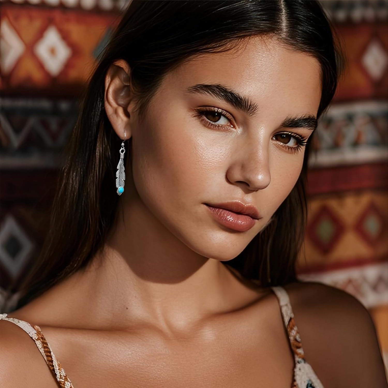 Bohemian Silver Feather Dangle Earrings for Women, Hypoallergenic Silver Turquoise Drop Dangle Earrings with Western Boho Jewelry - Image 2