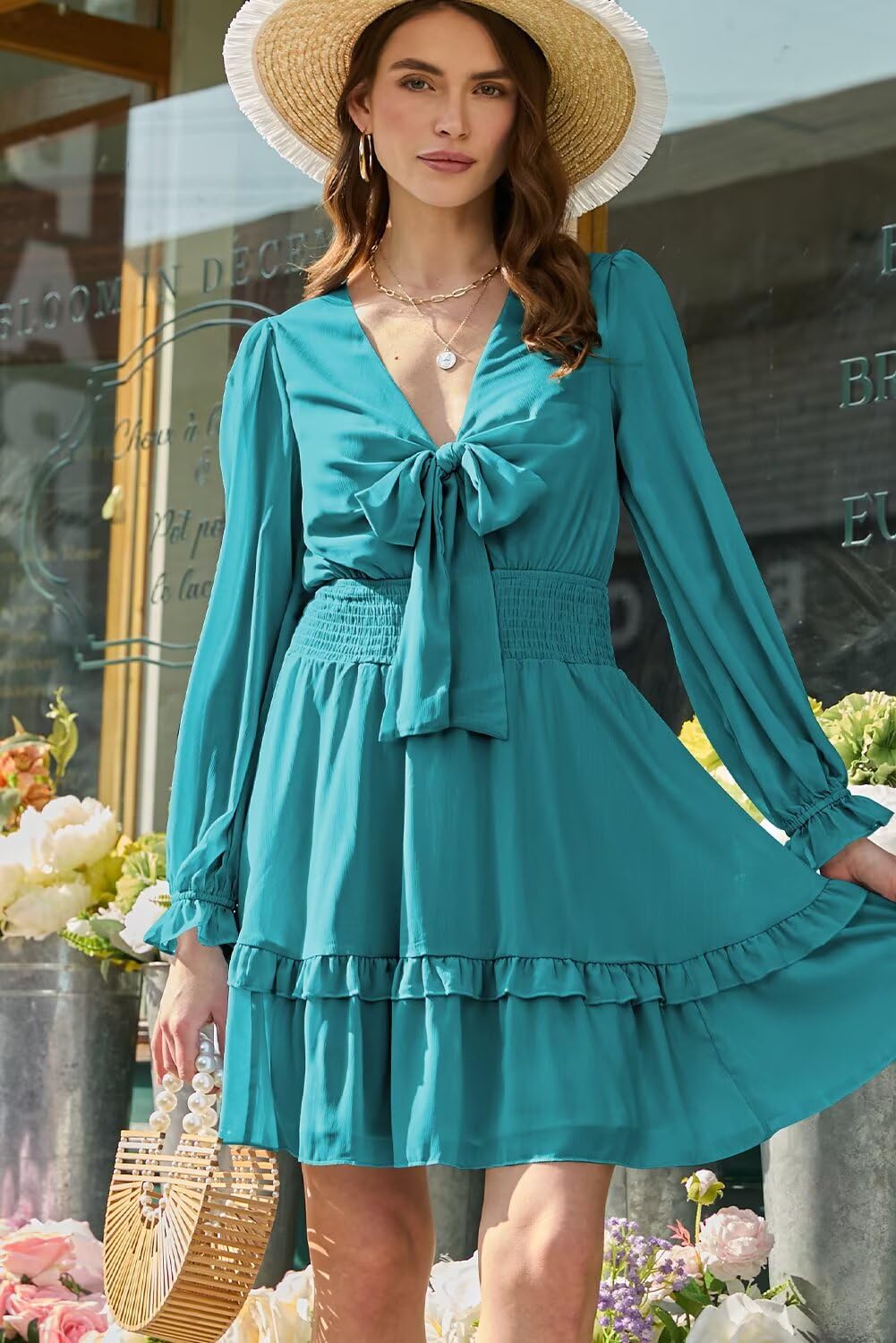 Dokotoo Womens Casual Spring Fall 2025 Deep V Neck Knotted Tiered Chiffon Elegant Mini Short Swing Skater Dresses