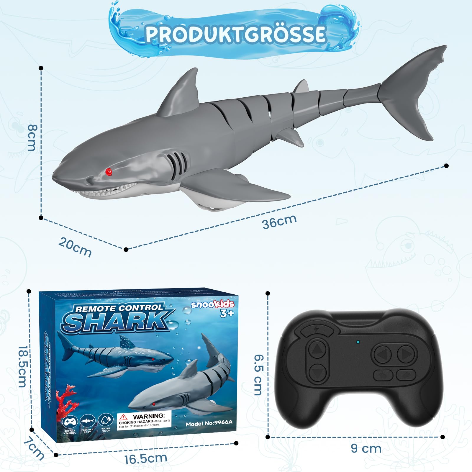 snookids Ferngesteuerter Hai-Spielzeug - 2.4GHz Ferngesteuertes Boot Simulation Hai, USB Aufladbar Shark Spielzeug Pool Wasserspielzeug mit Licht- und Automatischer EIN, Geschenk für Jungen Mädchen