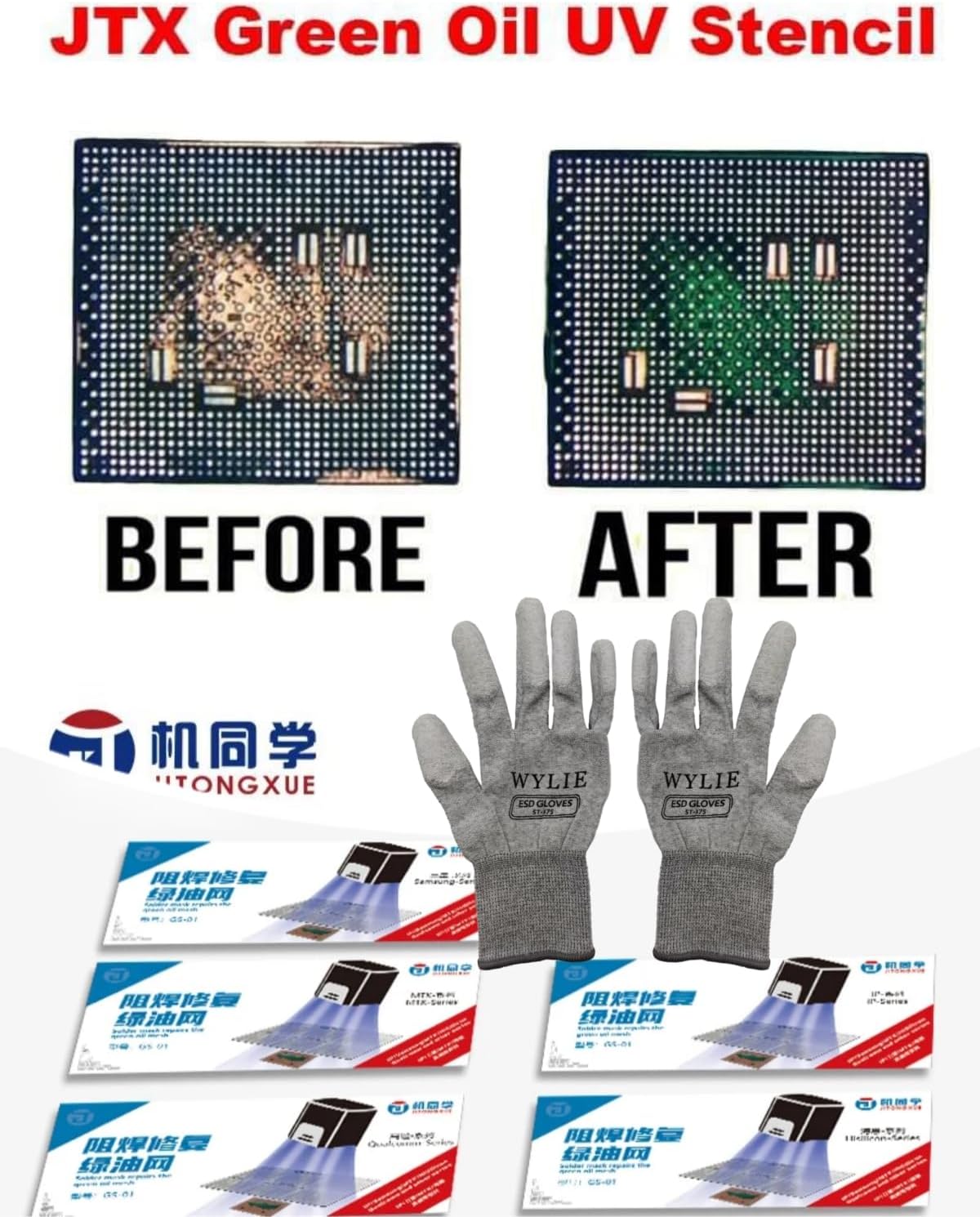 JTX GS-01 for Samsungi Series Green Oil UV Stencil Set Universal Solder Mask Repair Kit for Samsungi IC and PCB Repair WYLIE Professional Tools 9 Pack