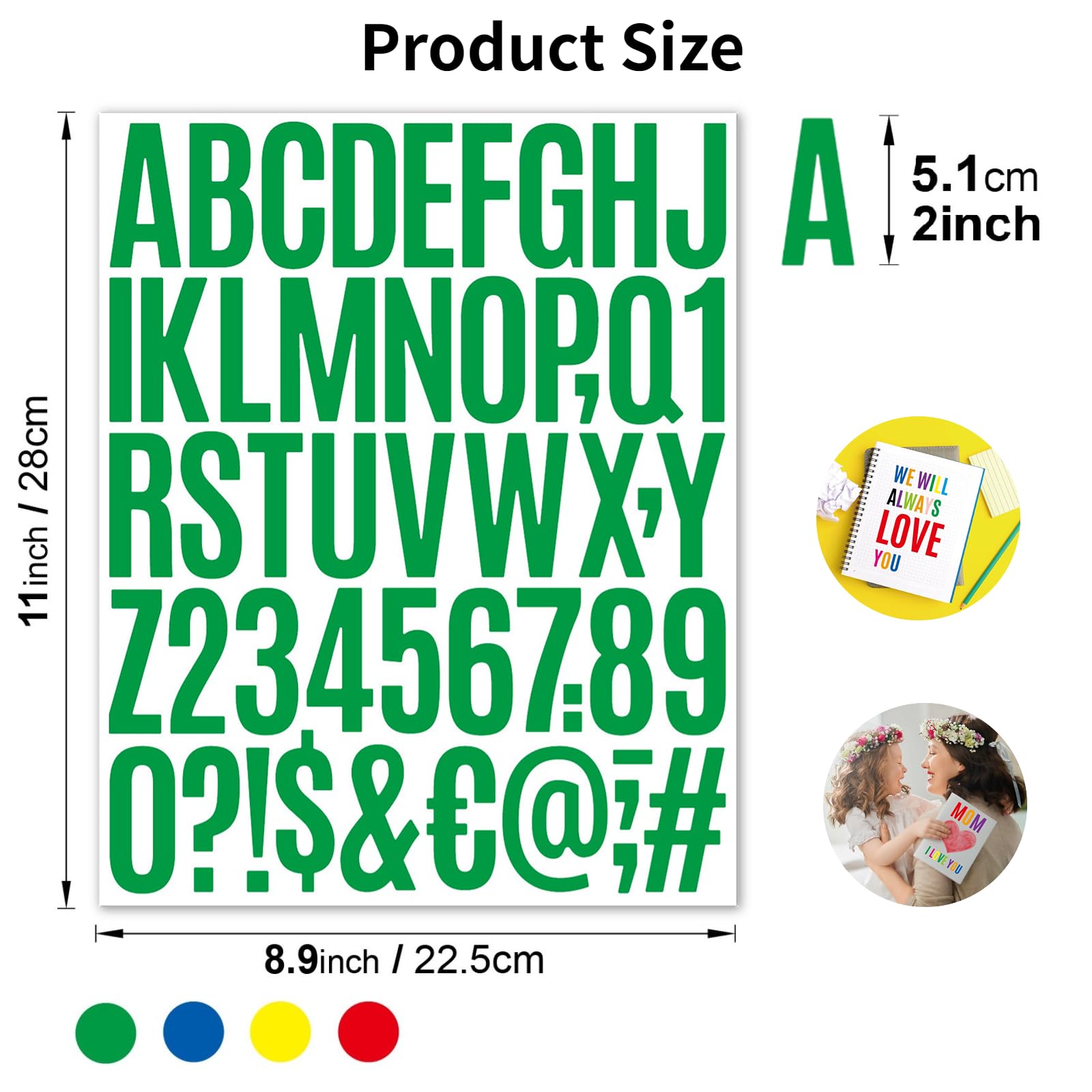 10 Sheets (500 Pcs) 2-Inch Vinyl Letter Stickers – Self-Adhesive Alphabet, Numbers & Symbols, Waterproof For Mailbox, Window, Signs, Cars, Boats (Green)