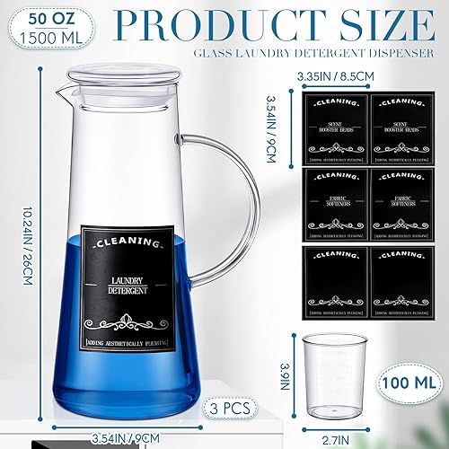 Miniatura 2 de Maxcheck Dispensador de detergente de vidrio para ropa sucia, 3 unidades, 50 onzas con tapas y asas de vidrio, dispensador de suavizante de tela con