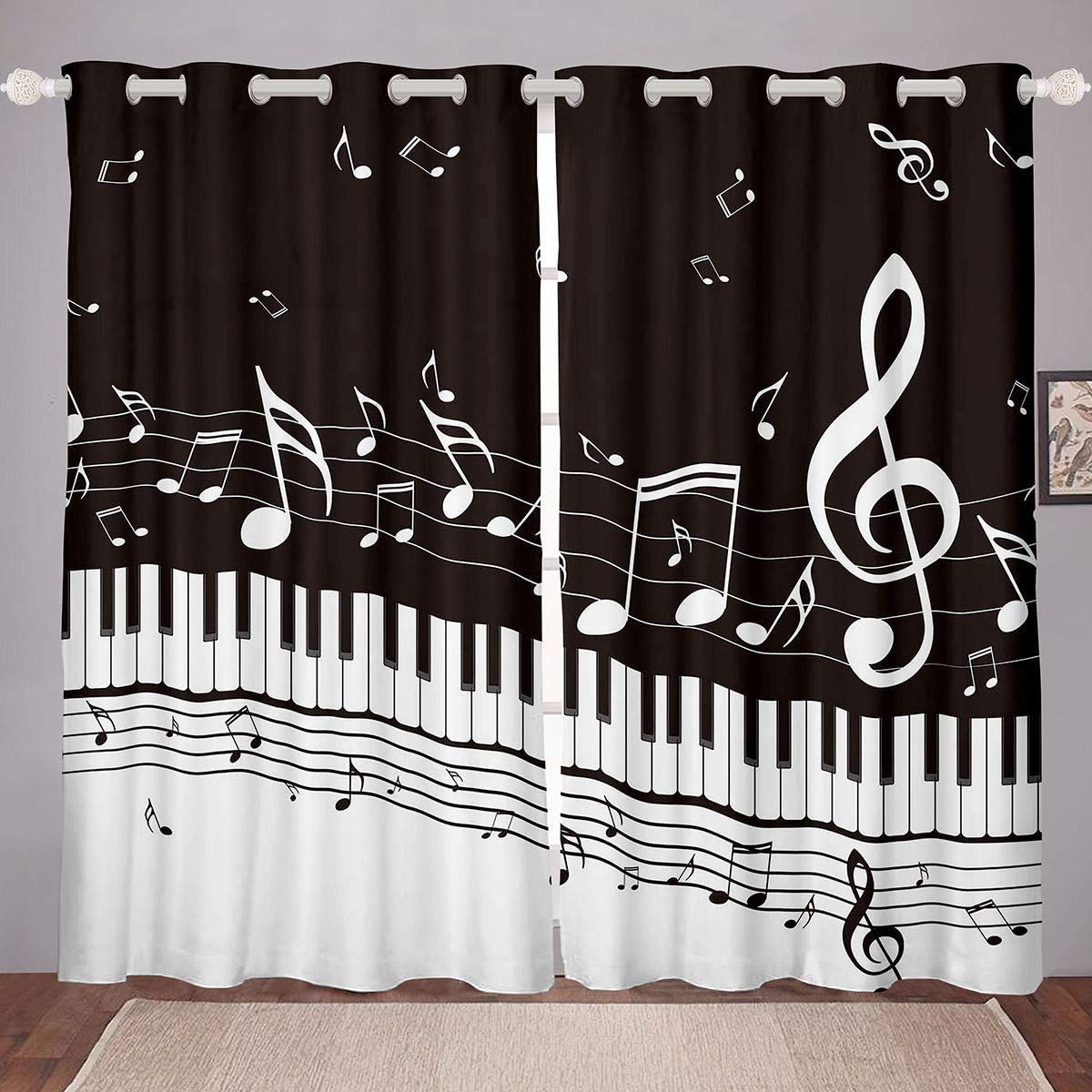Classical Music Thermal Curtains for Bedroom Piano Keys Keyboard Room Darkening Curtains Note Melody Jazz Blues Window Drapes Stripes Room for Kids Adults,Black,White,W46*L72 โ image 1