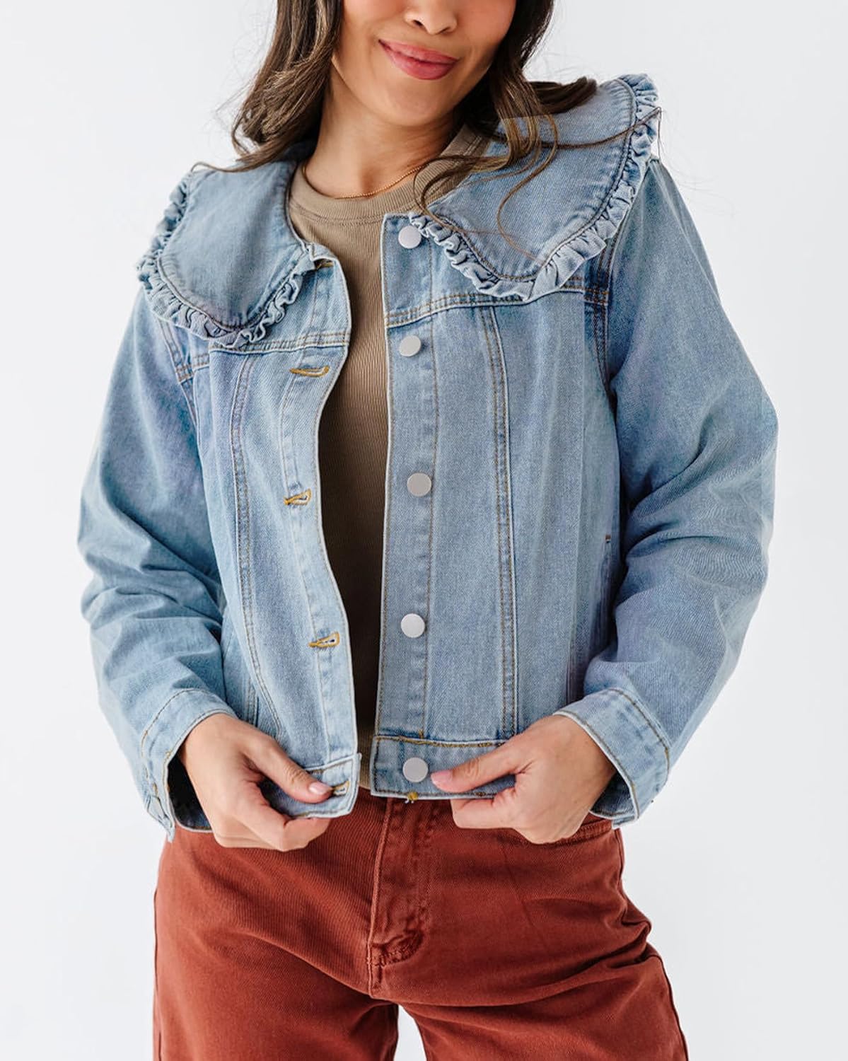 Kedera Women's Jean Jacket Cropped Denim Jacket Long Sleeve Peter Pan Collar Button Down Jean Shirt Crop Top - Image 2