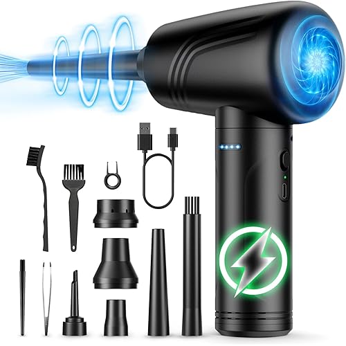 11-in-1 Compressed Air Duster, 3-Gear Adjustable 120000 RPM Electric Air Duster with LED Light, Reusable no Canned Keyboard Cleaner for Office, 9000mAh Cordless Air Duster for Computer/Car