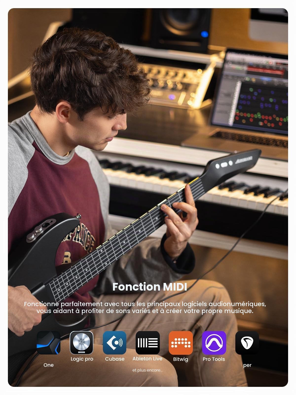 AeroBand Guitare électrique acoustique de voyage sans guitare, portable et silencieuse avec touche amovible, guitare intelligente pour débutants, adultes, adolescents, cadeau
