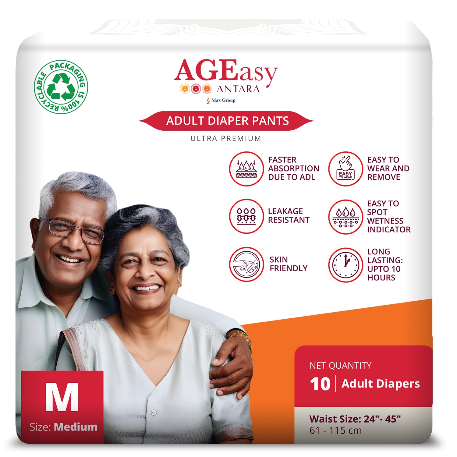 AGEasy (Max Group) Unisex Adult Diaper Pants with Wetness Indicator | Odour Lock & Anti-Bacterial | Skin Friendly Pant Style Diapers for Easier Wearing & Removal | Pack of 1 (10 Count) (M)
