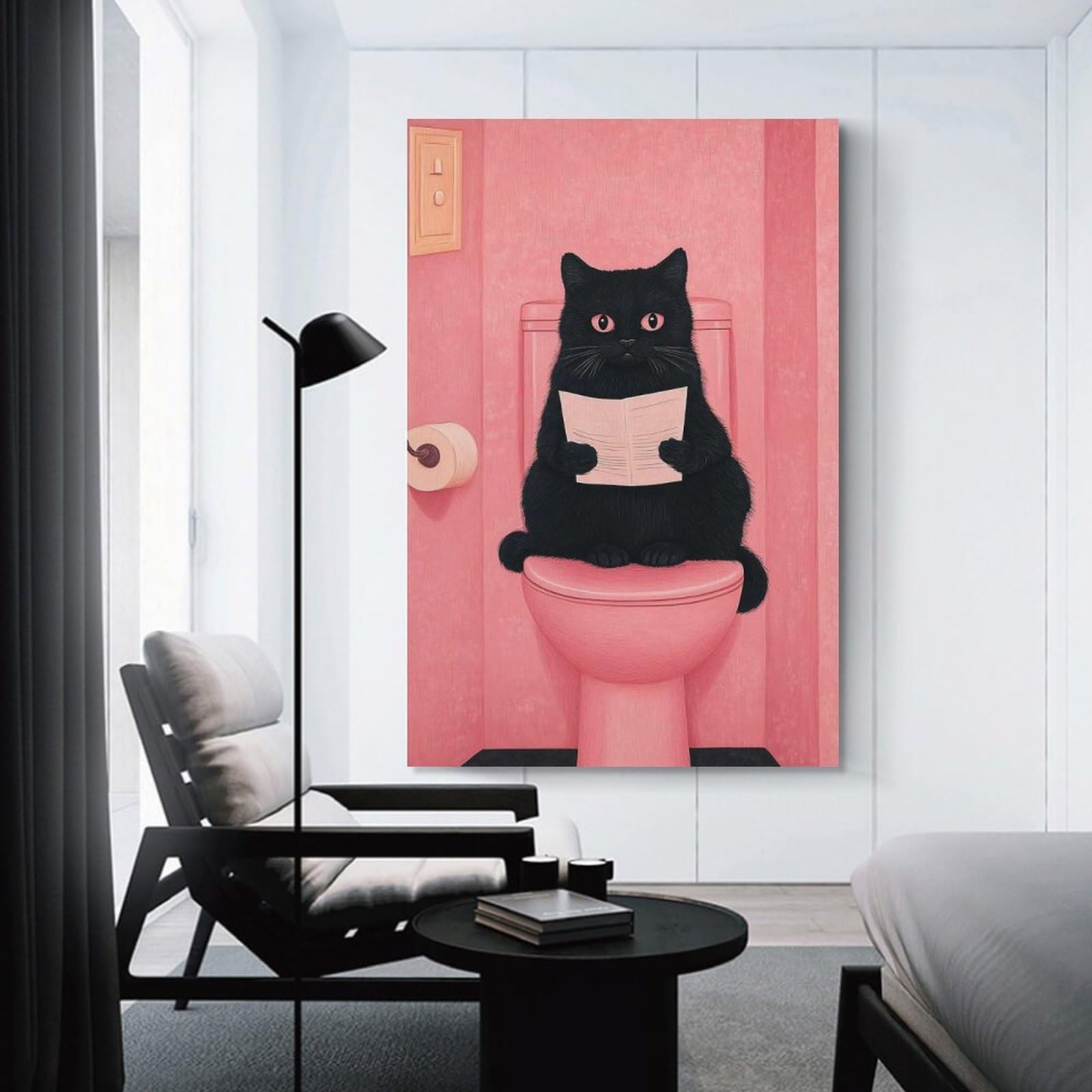 Junmoney Black Cat Reading on Toilet Canvas Wall Decor 20x30inch(50x75cm), for Study, Office Or Focused Interiors, Wall Art That Adds Style to Work Areas