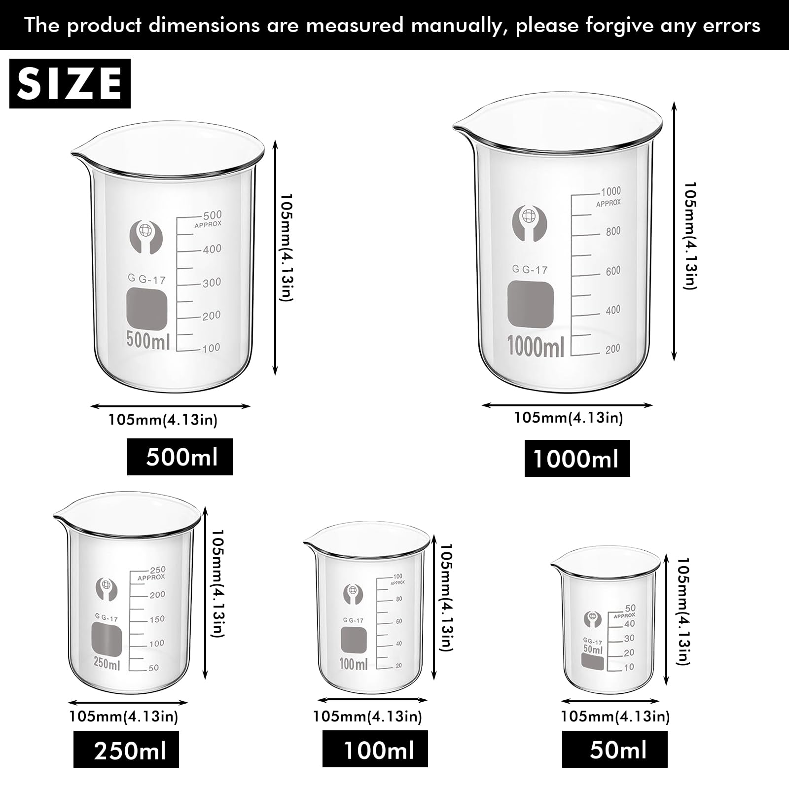 Glas Becherglas Set 50 ml 100 ml 250 ml 500 ml 1000 ml, 5er Set Abgestufter Messbecher, Borosilikatglas Glasbecher für Labor, Glasmessbecher-Set, für Labore, Klassenzimmer Heimgebrauch