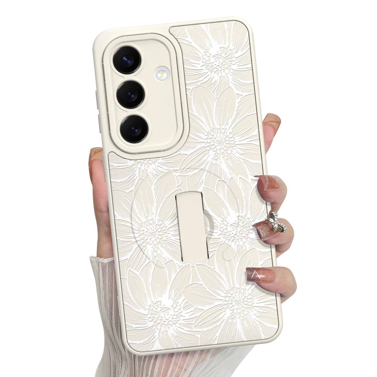MZELQ Funda de silicona para Samsung Galaxy S26, diseño floral de girasol, soporte para MagSafe, protección de cámara, suave, delgada, para niñas y mujeres, color blanco