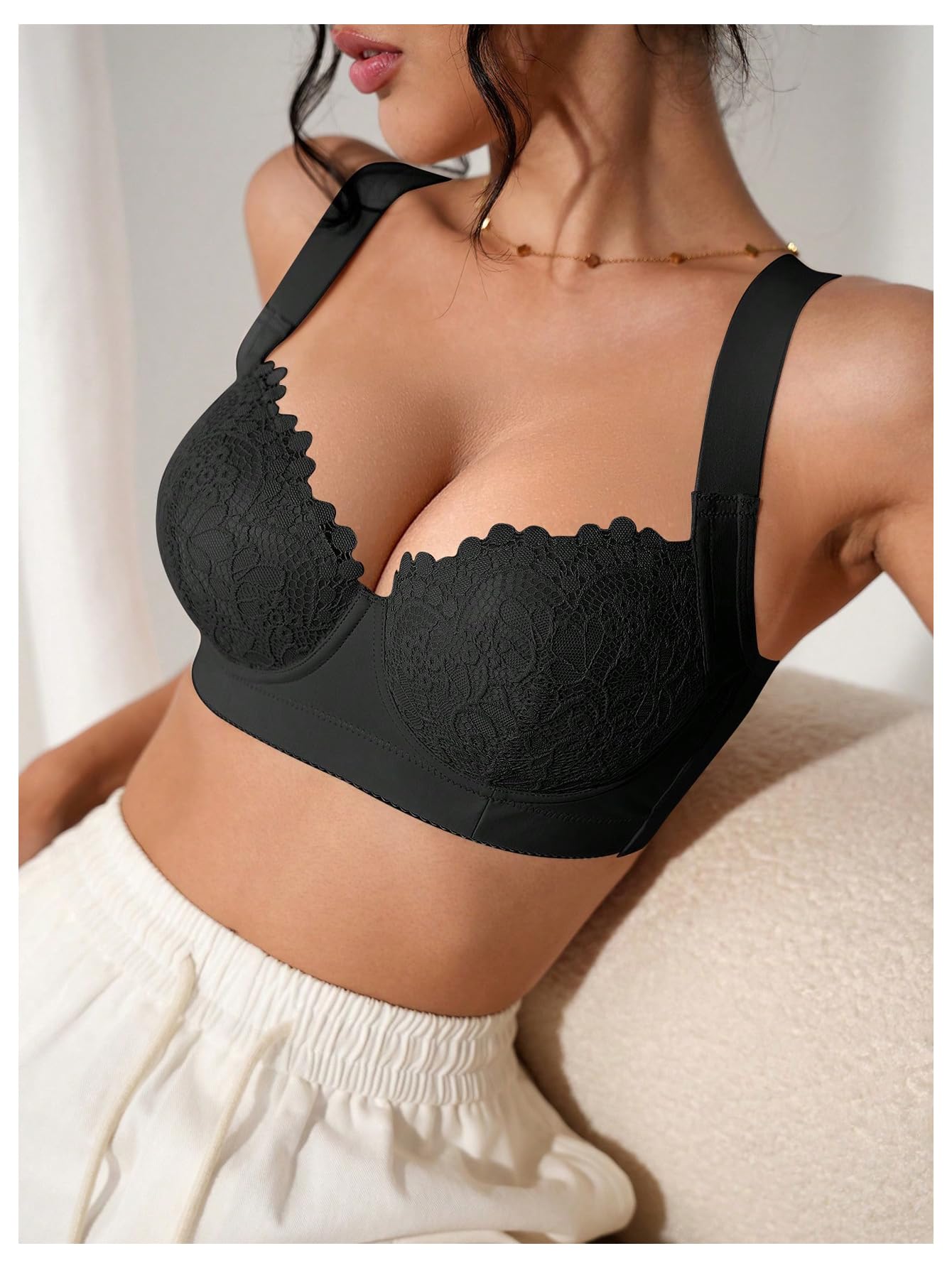 Confezione da 2 Reggiseni con Ferretto in Pizzo Floreale Donna Bralette Push Up Spalline Larghe A Balconcino Blu/Nero 34B(Blue/Black,(34) 34C)