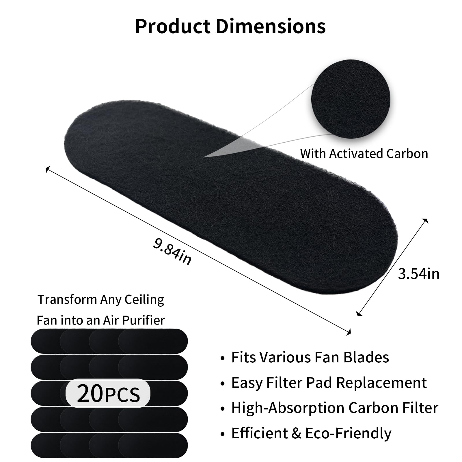 Amestar Paquete de 20 filtros de ventilador de techo para aspas, almohadillas purificadoras de aire para ventilador de techo negras, accesorios de filtro de ventilador de techo de carbón de coco