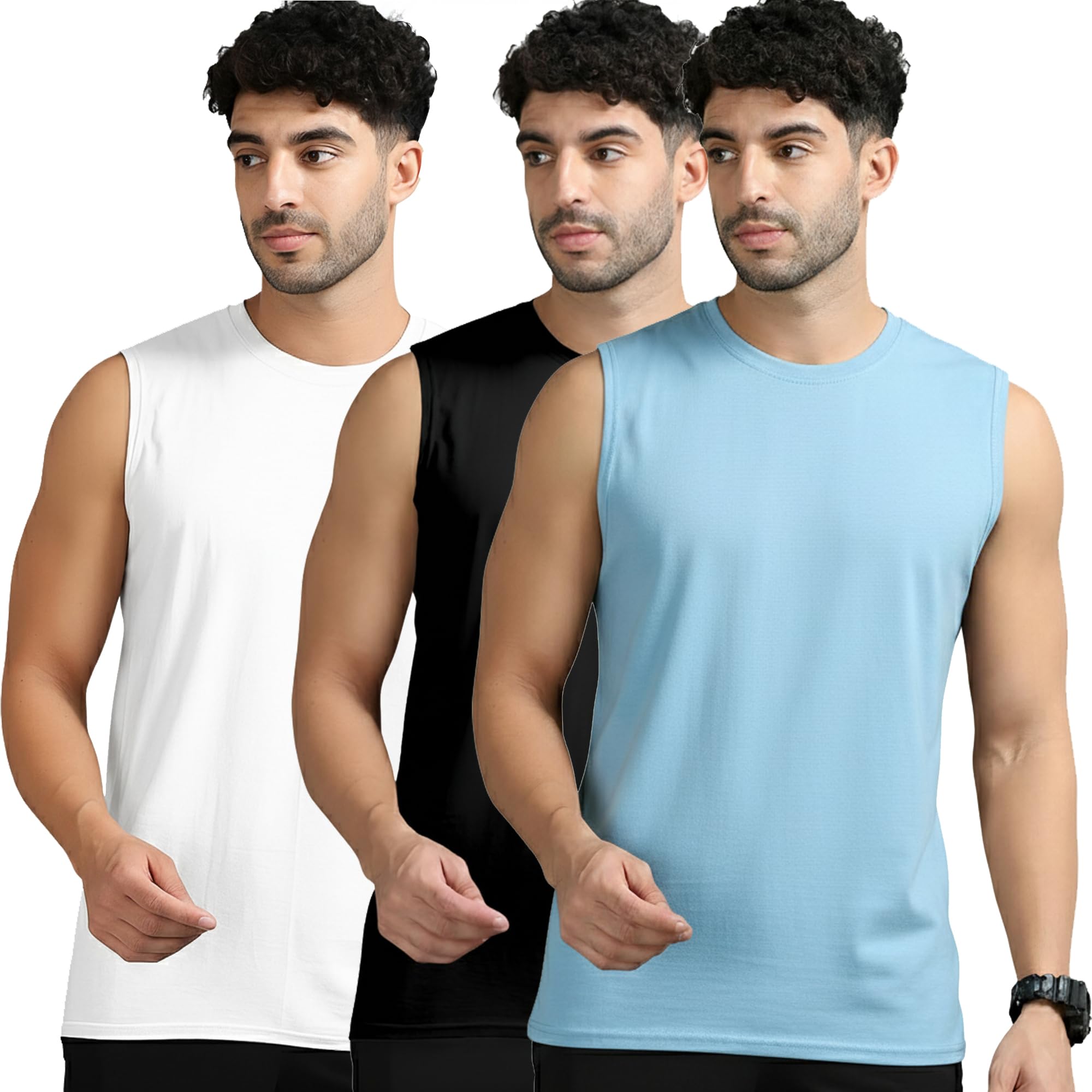 moordale Men's Active Wear Sleeveless T-Shirt Gym Wear Tank Top Vest Round Neck Running Sando for Sports (Pack of 3)-picture-33