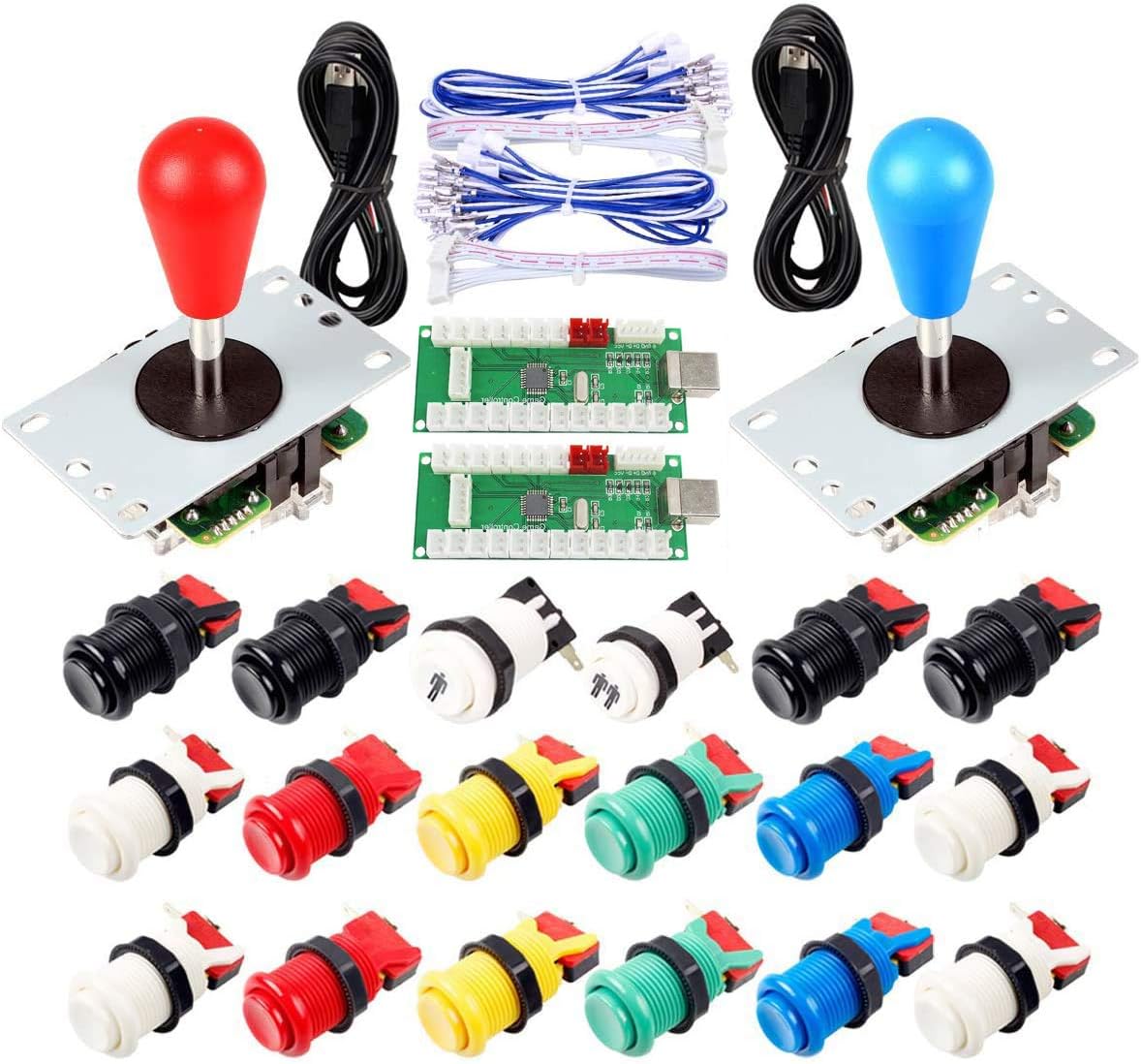 2 Players Arcade DIY Parts Kit for Mame/PC/Raspberry Pi/PS3/Jamma/Windows System/Arcade Controllers Project, 2X USB Encoder + 2X Bat Top Joystick + 18x American Style Push Buttons (Mix Color)