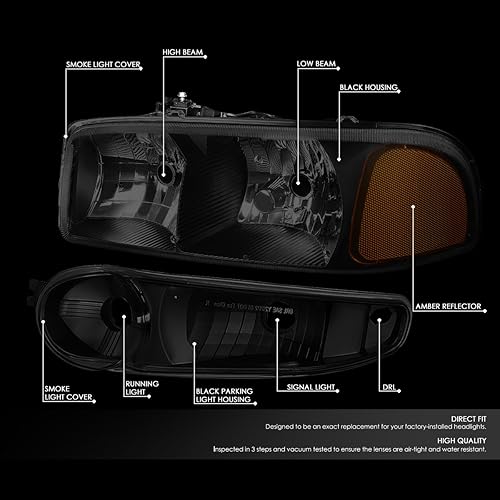 Miniatura 2 de Auto Dynasty 4 lámparas de parachoques de esquina ámbar con lente ahumada de carcasa negra, compatibles con GMC Sierra Yukon XL 1500 Denali 01-07