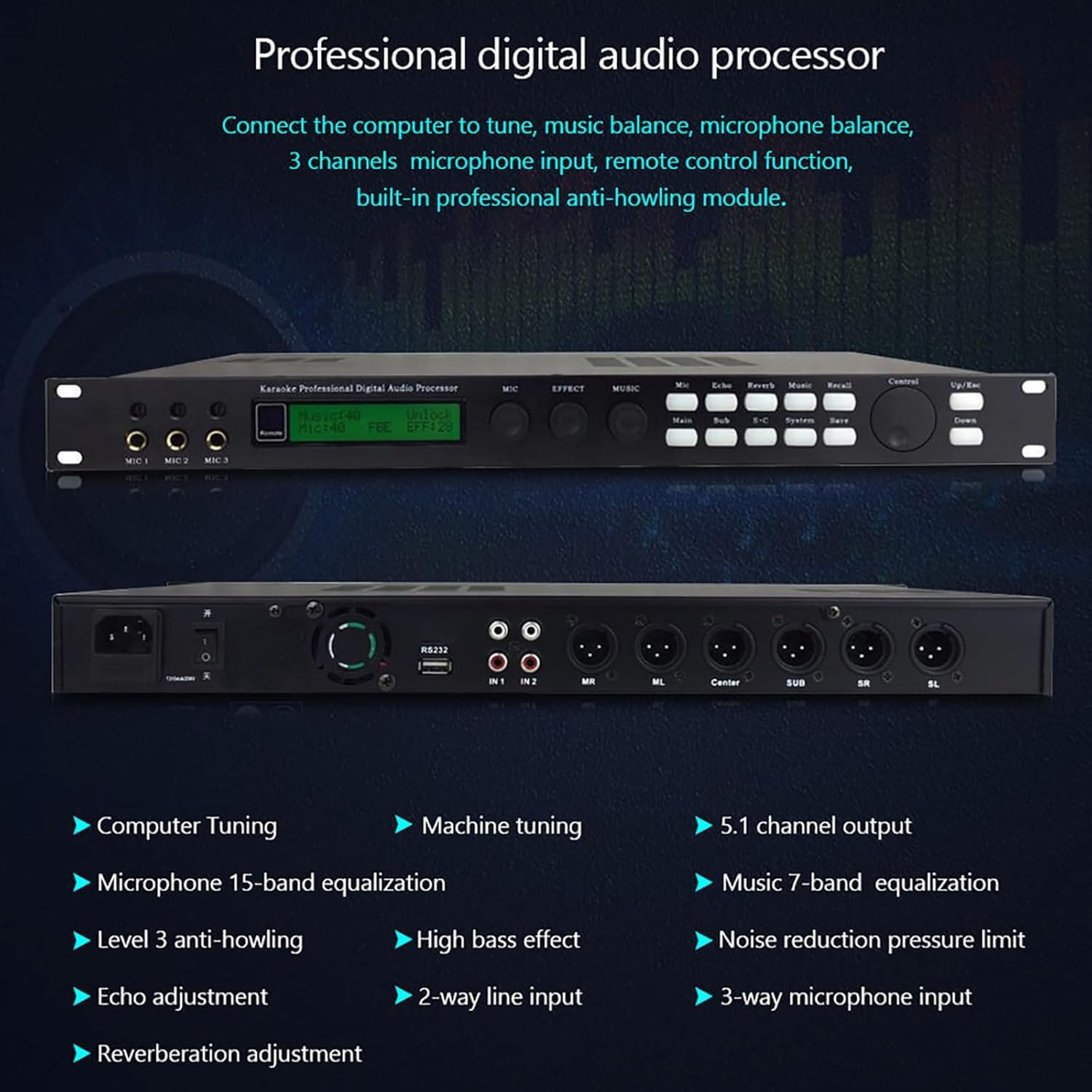 Kanduo Ecualizador estéreo de Audio Reverberador Mezclador Digital, procesador de Audio for micrófono KTV, con Pantalla LCD, efector de Audio DSP de 15 Bandas