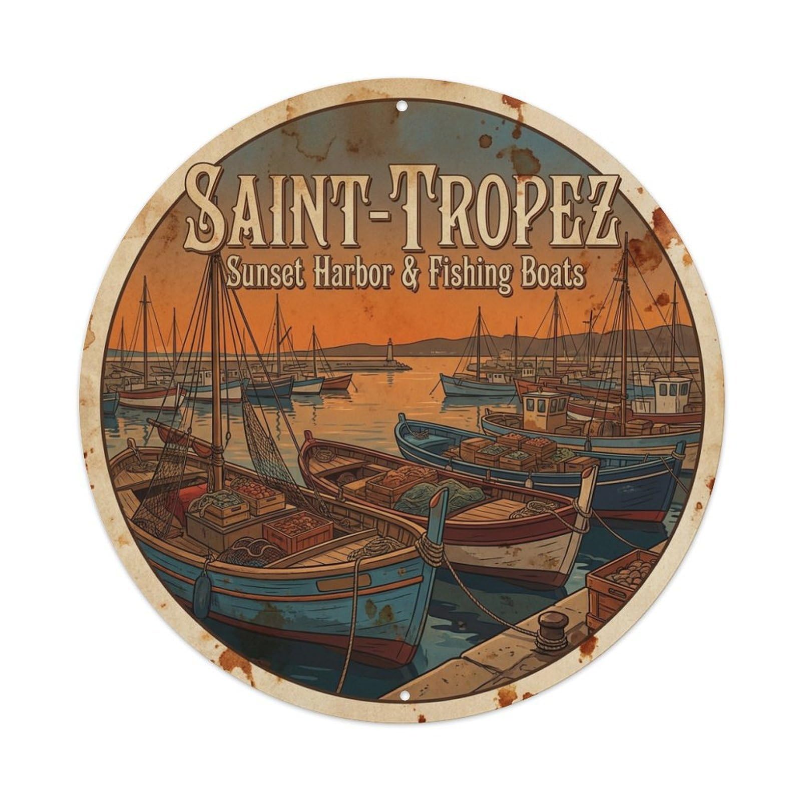 Sunset Harbor Fishing Boats Saint Tropez France Travel Metal Tin Sign