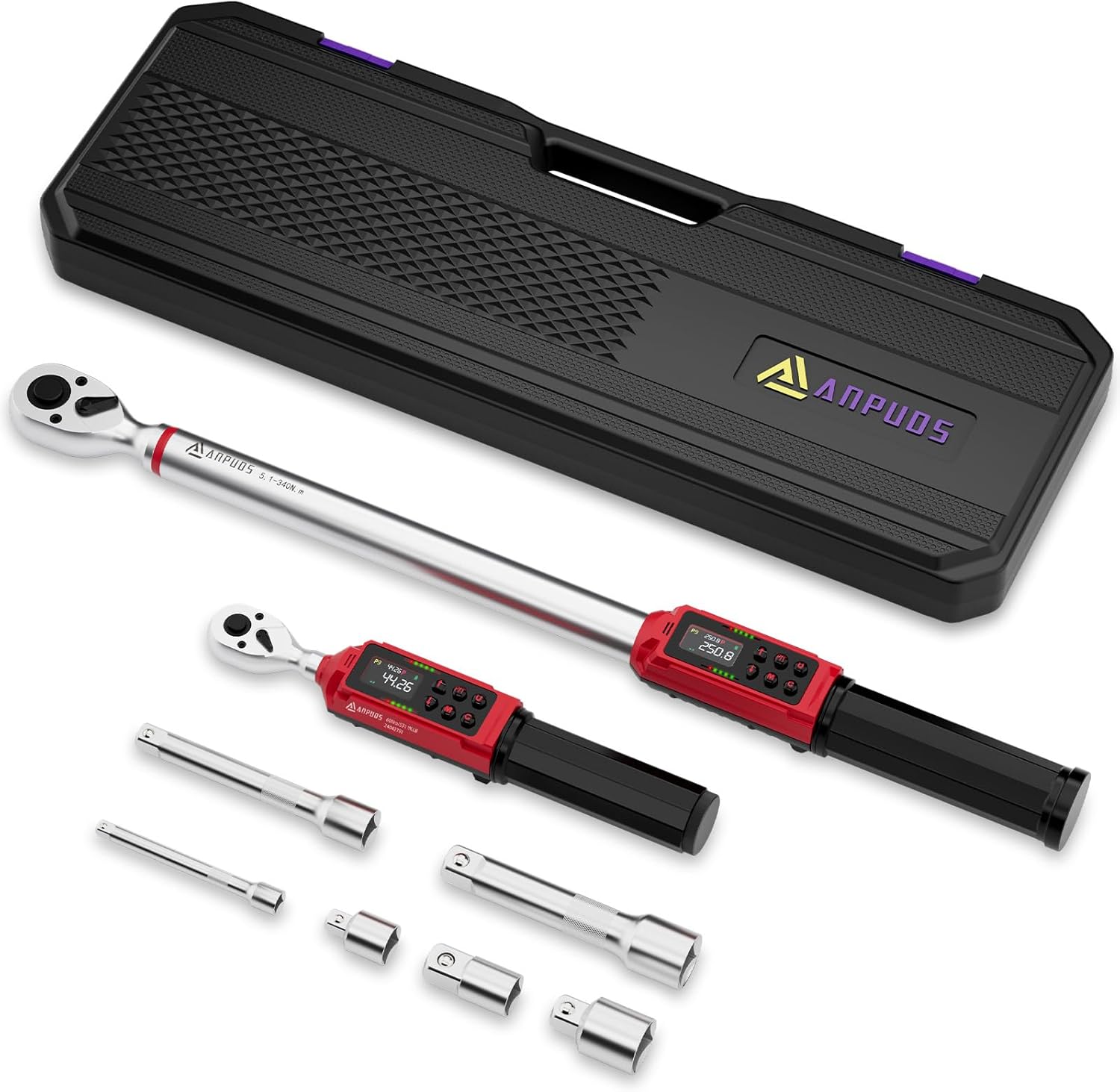 3/8" & 1/2" Digital Torque Wrench Set, (0.66-44.3 Ft.lb/0.9-60 Nm) & (3.8-250.8 Ft.lb/5.1-340 Nm), 8Pcs Electronic Torque Wrench Set with Vibration Handle, ±1% Accuracy for Bike, Moto, Car 0.66-44.3 Ft.lb+3.8-250.8 Ft.lb 3/8+1/2-Inch