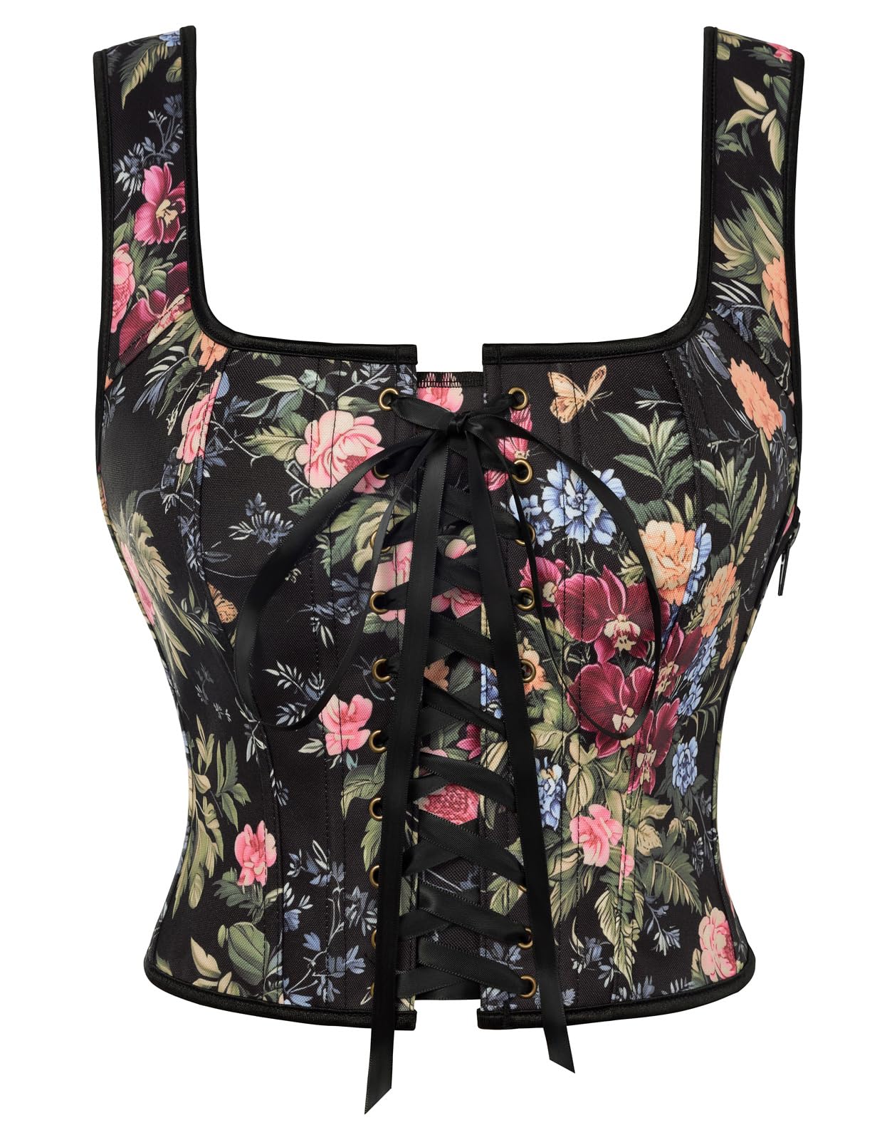 SCARLET DARKNESS Damen Viktorianisch Korsett Retro Blumendruck Square Neck Ausschnitt Corset Mittelalter Ärmellos Lace-Up Bustier