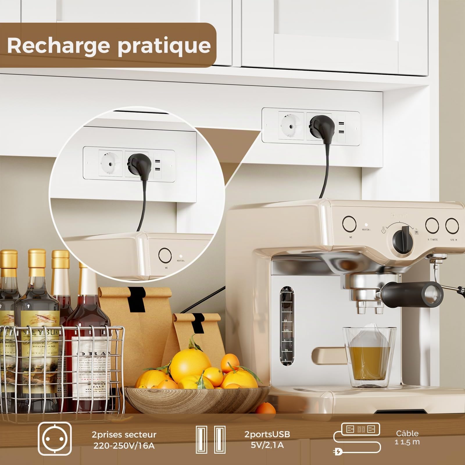 BEWISHOME Armoire de Cuisine, Buffet Haut, Meuble de Rangement, avec Éclairage LED, Meuble de Cuisine, 5 Portes, 3 Tiroirs, Étagères Réglables, Prise Électrique et USB, Blanc, 100x40x180 cm