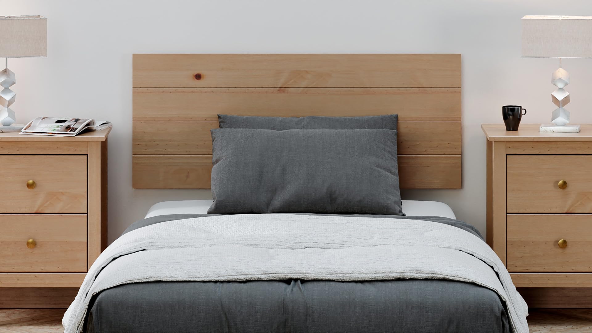Buyqualia Conjunto de Dormitorio - Juego de cabecero, mesitas de Noche de 2 cajones y Comoda de 3 cajones - Colección Magda - Madera Maciza - para Camas de 90 y 105cm- Color: Miel-Roble (Cabecero)