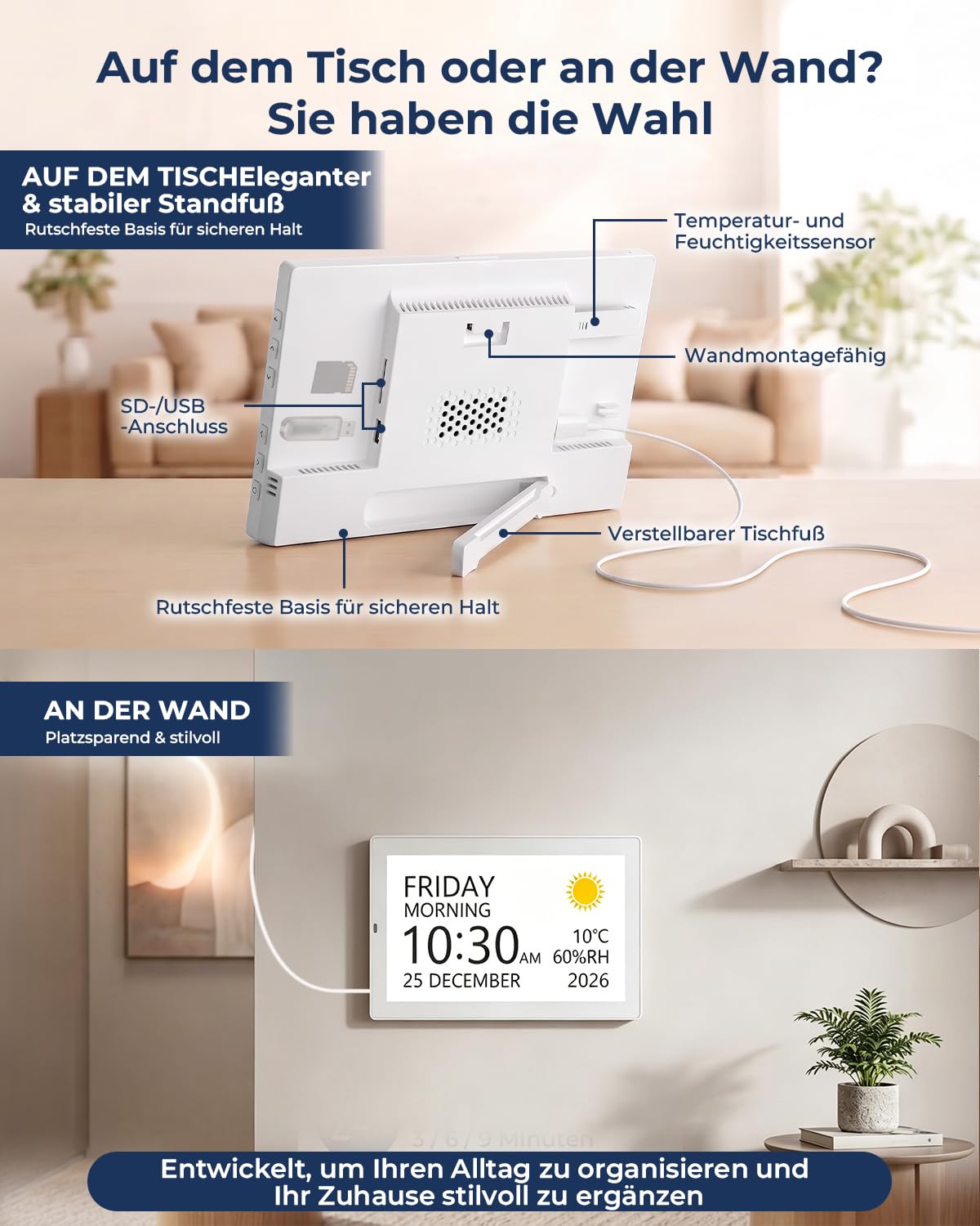 ROCAM Demenzuhr Senioren 10,1 Zoll Digitaler Wecker mit Kalender | 20 Alarmen und Erinnerungen, Großes IPS Display, Datum, Wochentag, Temperatur, Luftfeuchtigkeit, Foto-Diashow über USB/SD