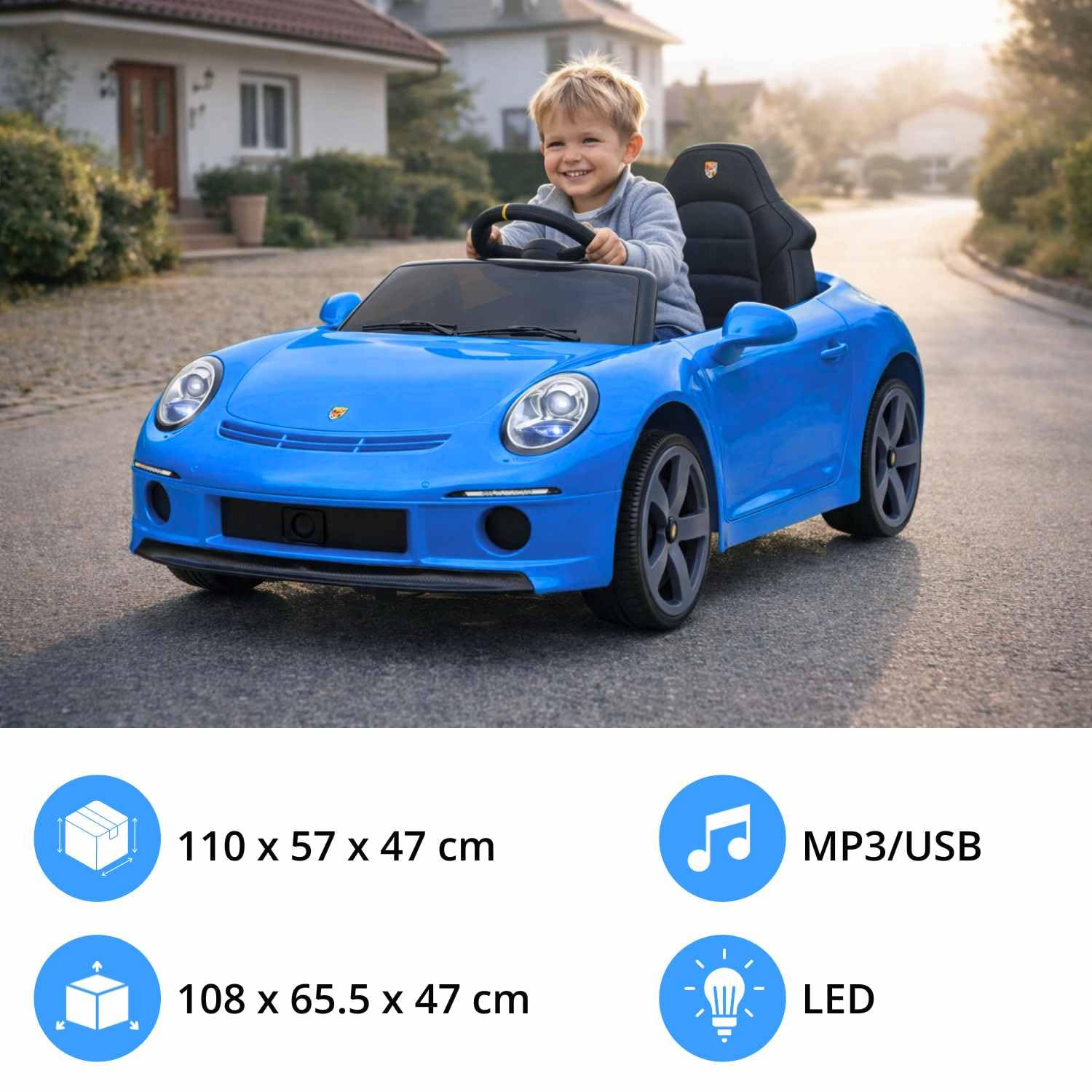 Samochód elektryczny RUF GT 12V, niebieski, otwierane drzwi, pilot 2,4 GHz, przednie i tylne reflektory LED, wejście USB/Aux, akumulator litowy, 2 silniki 35 W, oryginalna licencja